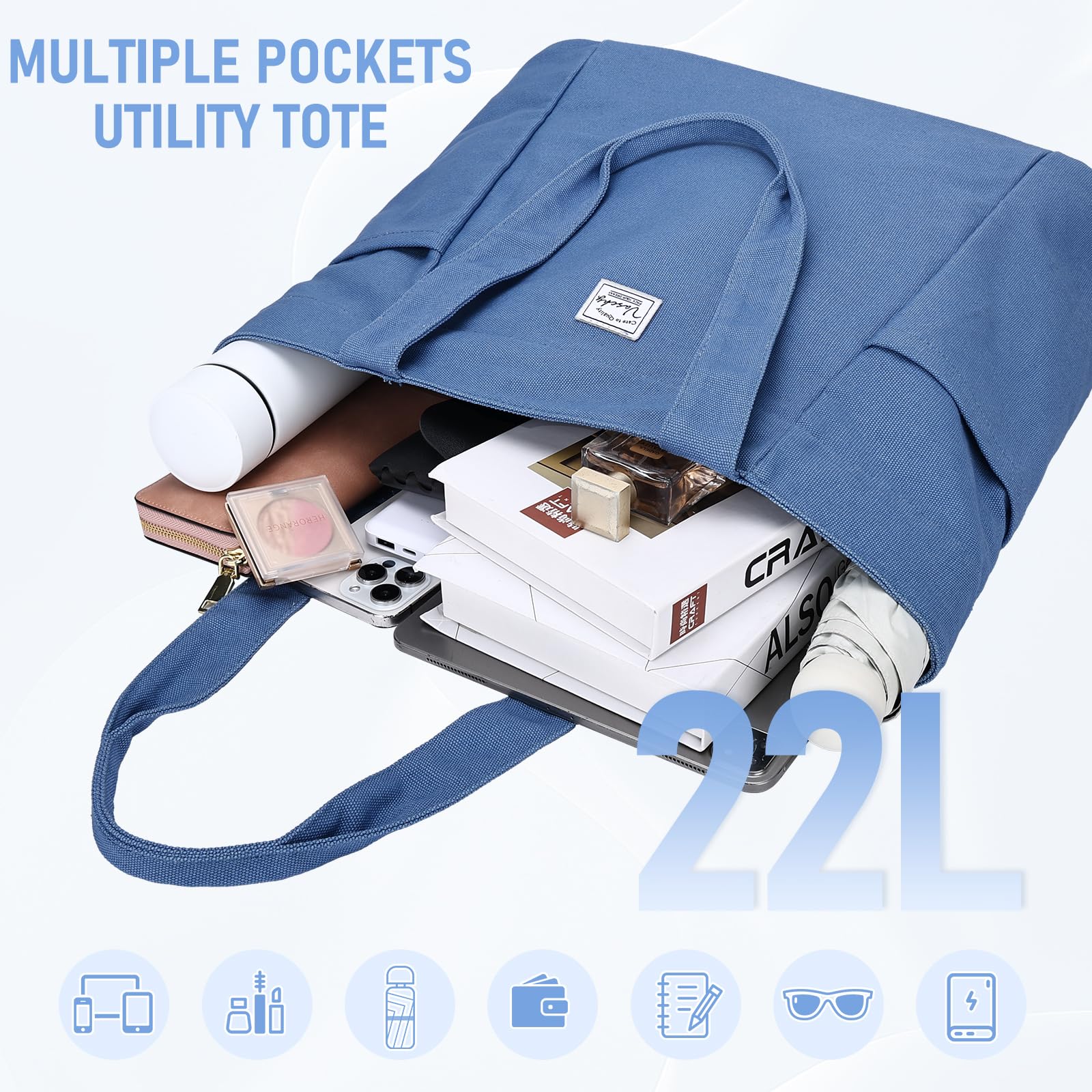 VASCHY Tote Bag Grande Ligera de Tela, Bolso Universidad Mujer Resistente con Múltiples Bolsillos para Oficina Colegio Trabajo Profesor Viaje Gimnasio