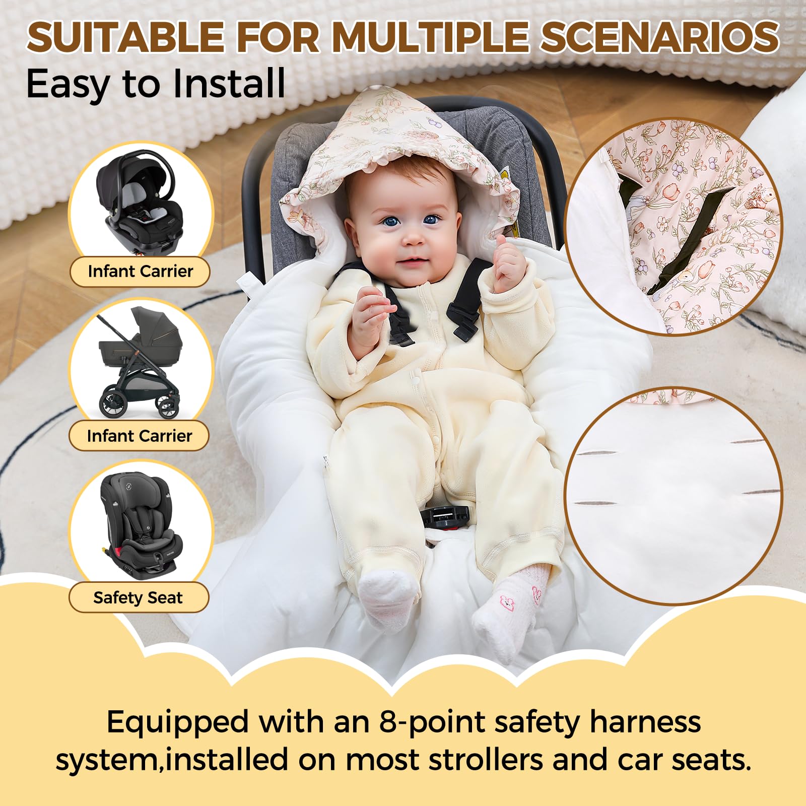 LAT Einschlagdecke für Babyschale, 90 * 90CM Universal Babydecke für Neugeborene, Kuscheldecke mit Kapuze Babydecke für Kinderwagen Buggy Autositz (Kaninchen und Blumen)