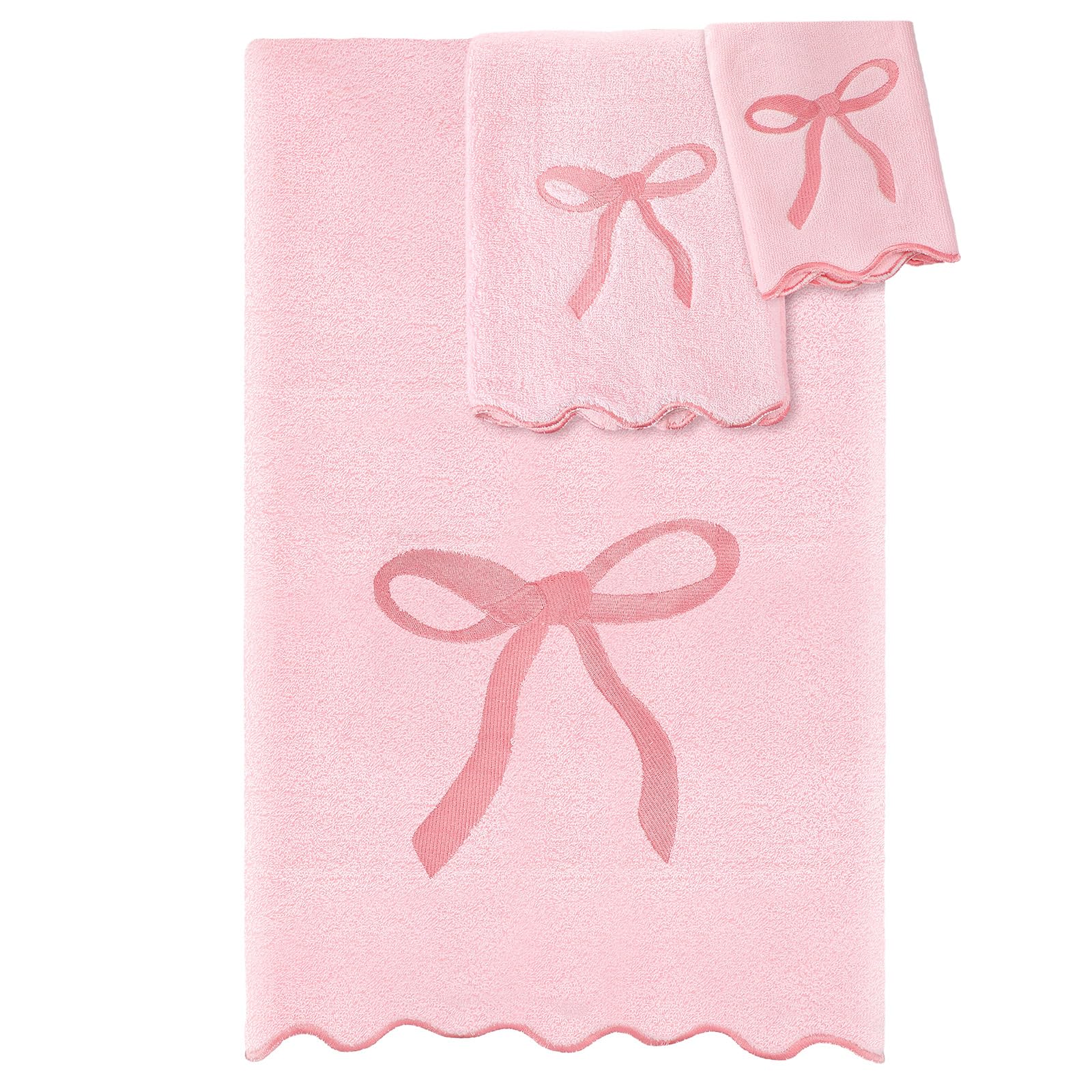Fanfanwin 3 Pcs Pink Bow Bathroom Towel Set Scalloped Fingertip Towels Decorative Coquette Towel Set Embroidery 100% Cotton Bath Hand Towels Absorbent Soft Preppy Bath Decor for Kitchen Bathroom