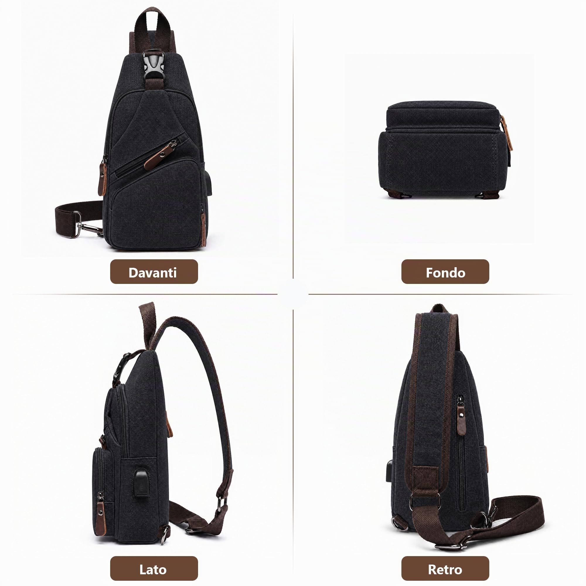 VARLIVOO Retrò Zaino Monospalla Uomo Zaini a Tracolla in Tela con Ricarica USB Pacco Petto Sportiva Borsello a Spalla Sling Bag Antifurto Zainetto Piccolo per Viaggio Campeggio Ciclismo Nero