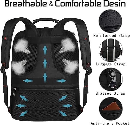 Miniatura 3 de Mochila para laptop de 18.4 pulgadas para hombre, 55L-60L, extra grande, para videojuegos, con puerto de carga USB, bolsillo antirrobo aprobado por