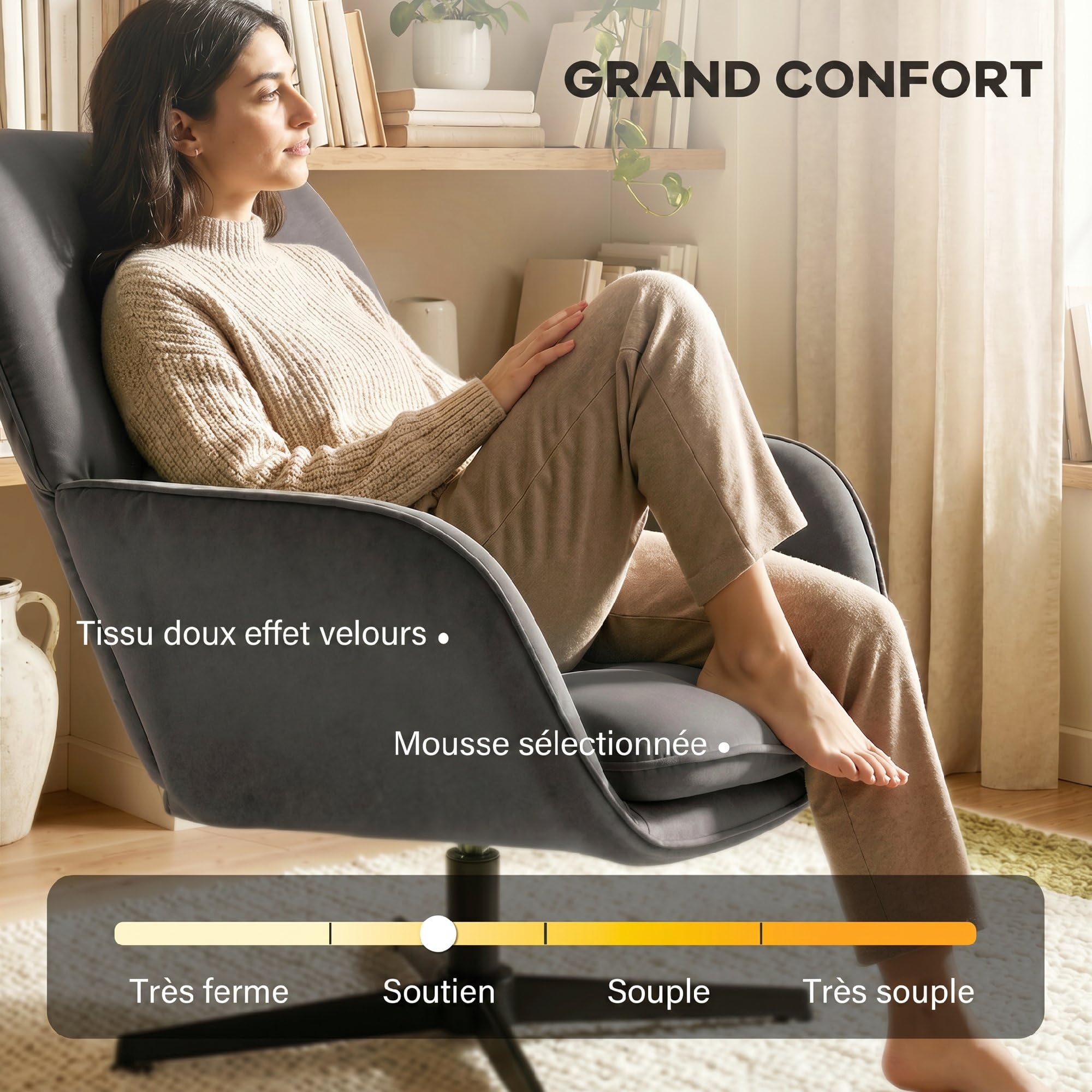 HOMCOM Sillón Giratorio de Terciopelo Asiento Ancho Gris Oscuro | Silla de acento, cojín, marco de metal, para sala de estar, dormitorio, rincón de lectura