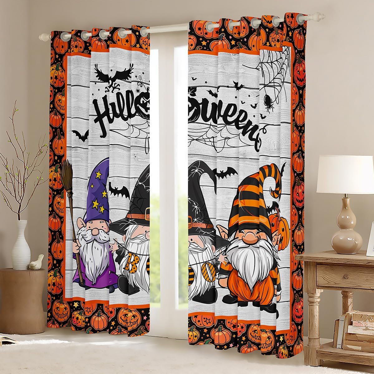 Manfei Halloween Gnomes Blackout Curtain Black Spider Web Bats Window Treatments, Cute Pumpkin Lantern Window Drapes for Kids Girls Teens Grommet Top 2 Panel Set Bedroom Curtains, 38Wx45L inch