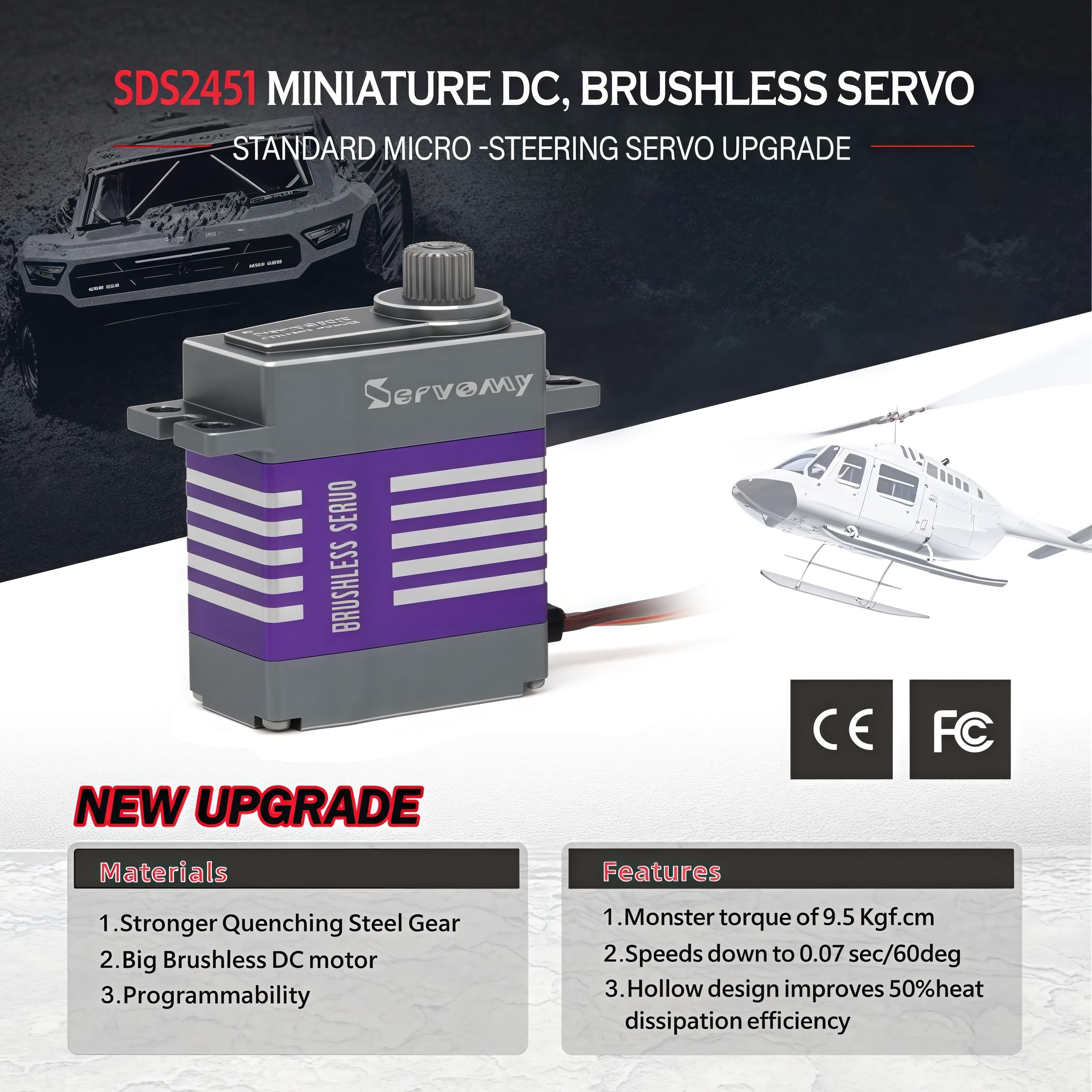SDS2451, micro servomotor sin escobillas, 9.5 kgf.cm, 0.07 segundos, 8.4 V, carcasa de aluminio de engranaje de metal, mini servos digitales de dirección de velocidad de torsión de alta
