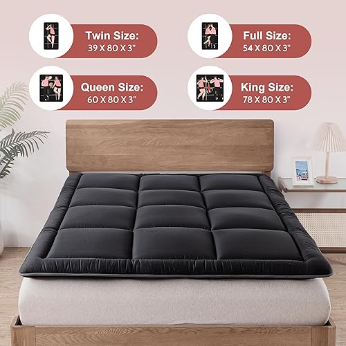 Miniatura 6 de WhatsBedding Colchón japonés de 3 pulgadas, tapete de tatami negro relleno de espuma viscoelástica triturada, plegable y portátil, tumbona