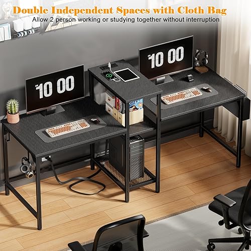 Miniatura 5 de Furologee Escritorio Doble con Tomas de Corriente, Escritorio de Computadora de 71 Pulgadas con Bolsa de Almacenamiento y Ganchos para Auriculares,