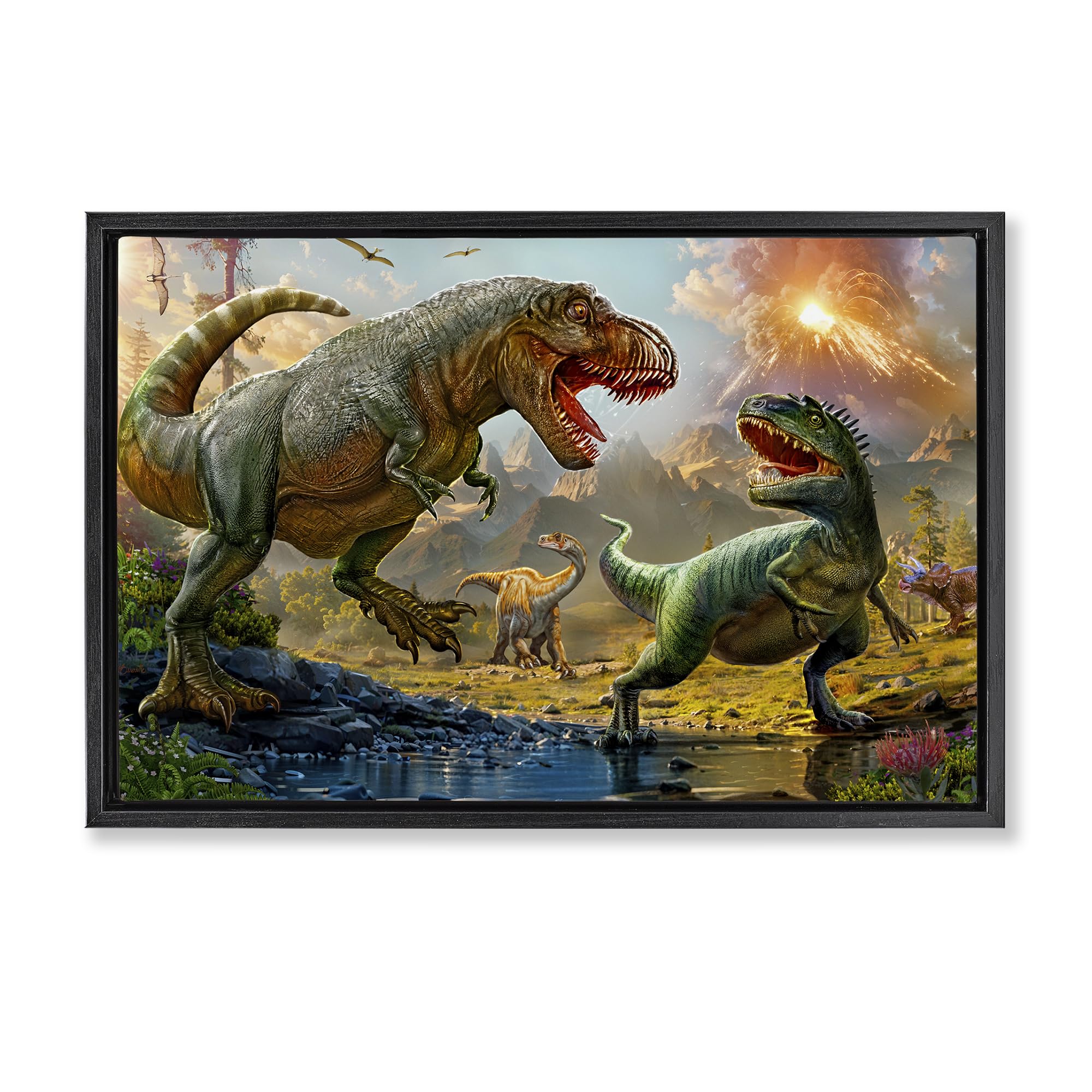 'T-Rex Encounter at Riverbank'| Floating Frame Canvas Art