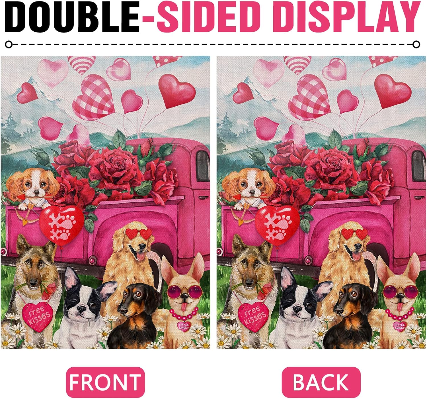 Dyrenson Valentine's Day Pink Rose Flower Red Truck Dogs Decorative House Flag, Floral Garden Yard Plaid Heart Outside Love Decoration, Spring Holiday Wedding Anniversary Outdoor Large Decor 28x40 - Image 3