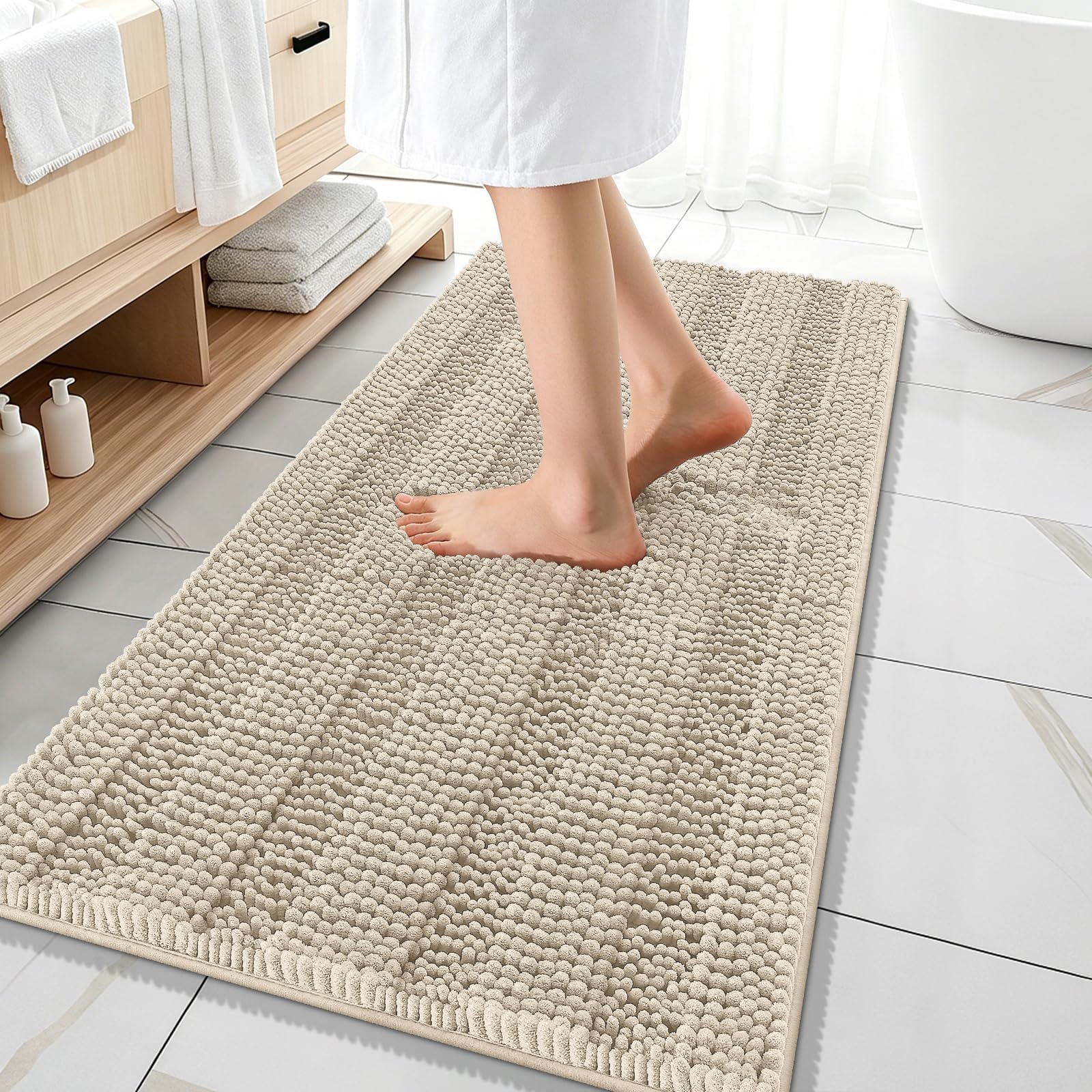 OLANLY Thick Bathroom Runner Rugs 47x20, Soft Chenille Long Bath Rugs, Sand