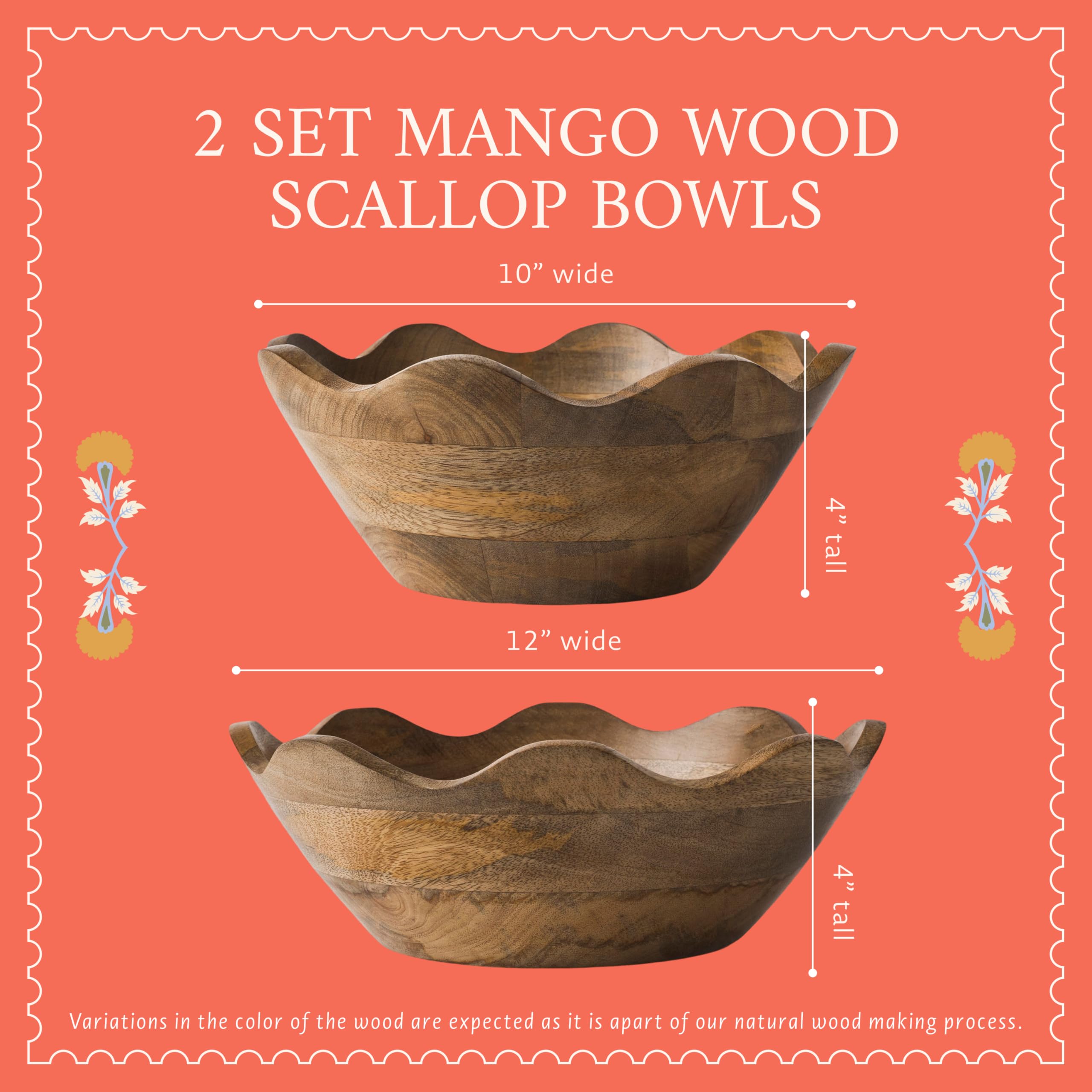 Mela Artisans Cuenco festoneado de madera – Juego de 2 grandes y medianos | Acabado de grano natural de madera de mango | Se adapta a pan, frutas, ensalada o palomitas de maíz | 12 x 4 x 12 pulgadas,