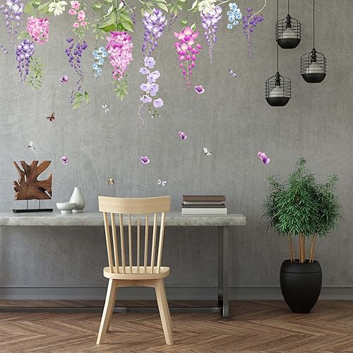 Miniatura 2 de Calcomanías de pared de flores de acuarela, enredaderas colgantes moradas, calcomanías de pared florales, dormitorio, sala de estar, sofá, TV,