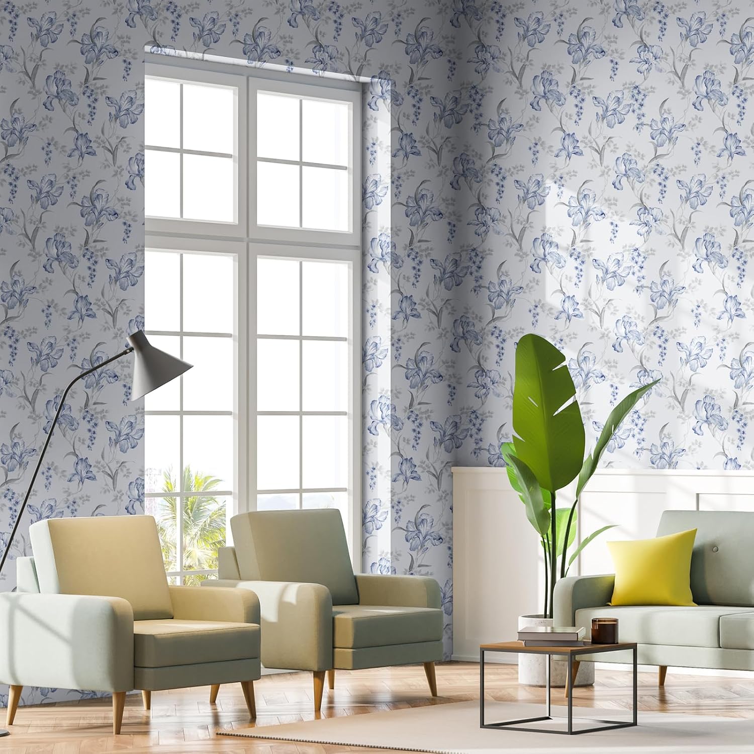 VaryStyle 17.7"x393" Classical Floral Wallpaper Blue Grey Iris Flower Peel and Stick Wallpaper Blue Contact Paper for Drawers Walls Mural Waterproof Vinyl Wallpaper for Bathroom Nursery Girls Bedroom