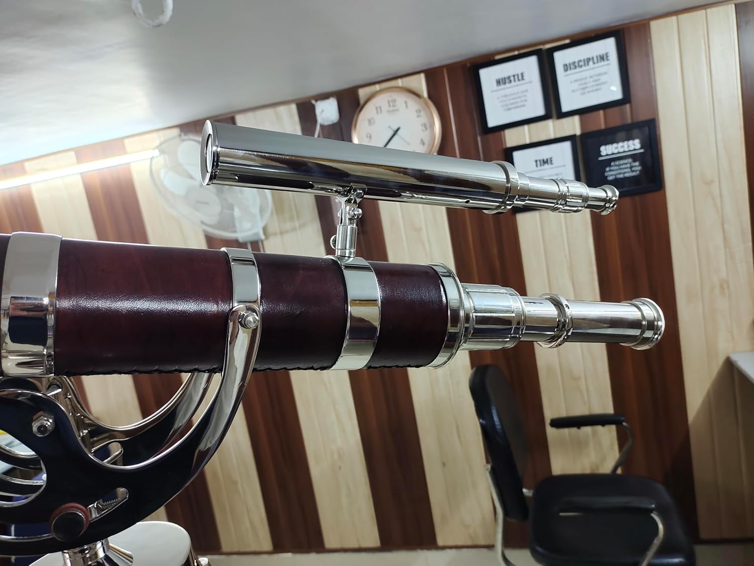 Vintage Nautical Brass Double Barrel Telescope with Adjustable Wooden Tripod – Chrome Finish Spyglass, Red Leather Decorative Collectible for Home & Office