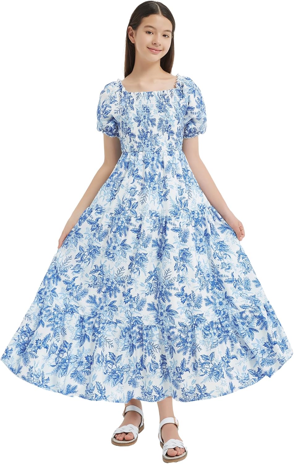 EXARUS Girls Maxi Smocked Long Dress Solid/Floral Teen Swiss Dots Teen Spring Easter A-line Dresses Tea Party Casual