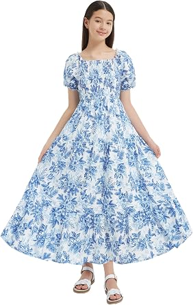 EXARUS Girls Maxi Long Smocked Dress Swiss Dot/Floral Teen Summer A-line
