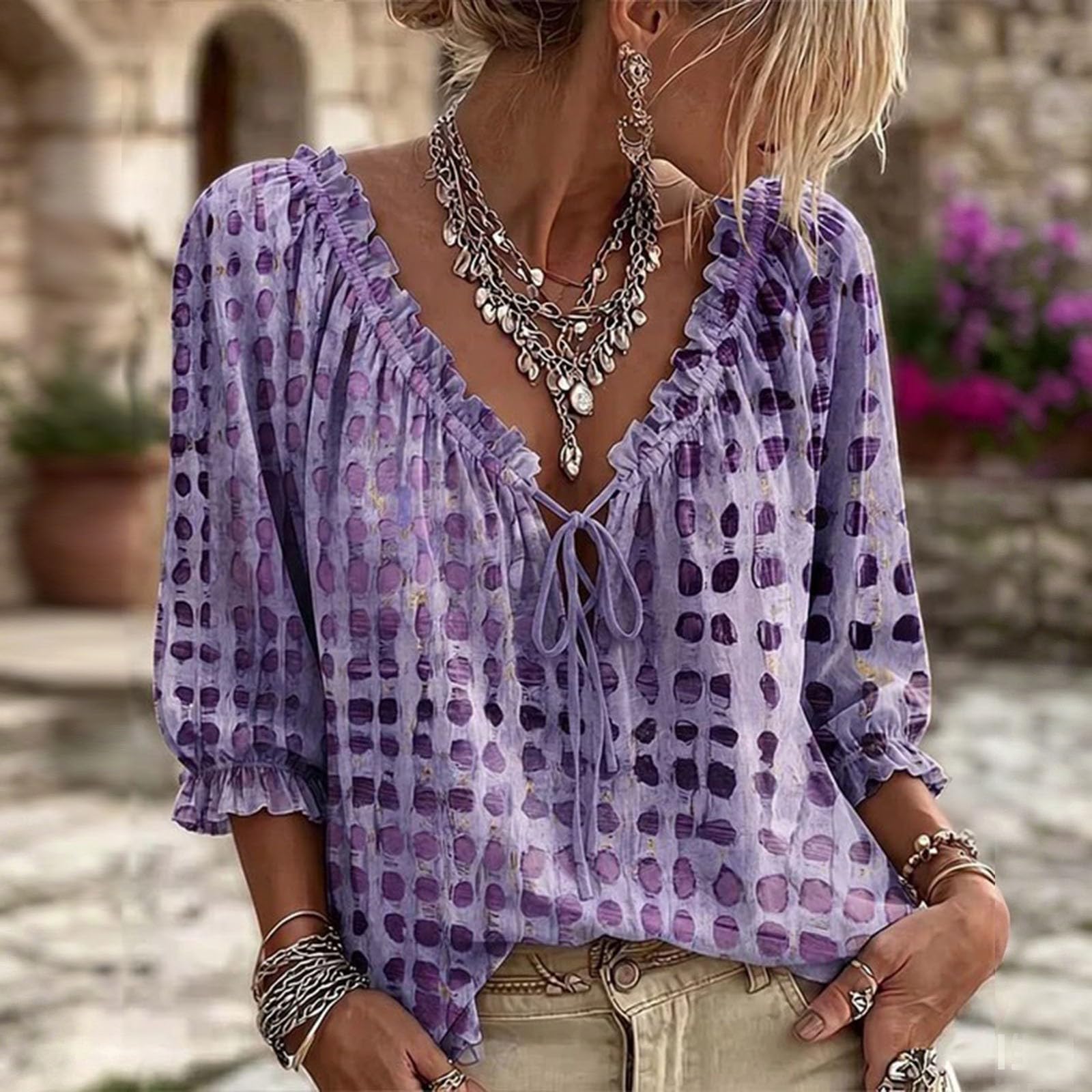 Générique Polka Dot Lace Up Blouse for Women,V Neck Abstract Print Drawstring Shirts | Summer Casual Loose Ruffle 3/4 Sleeve Flowy Tops with Adjustable Lace-Up