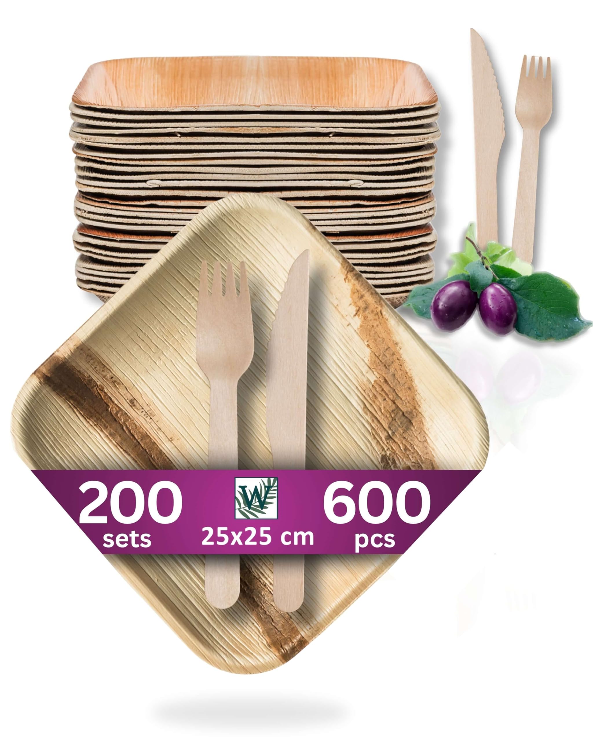 Assiette Jetable en Feuille de Palmier avec Couverts - 200 pcs. Carrées 25x25 cm, Couteaux et Fourchettes - Vaisselle Naturelle et Élégante - semblable au Bambou et au Bois