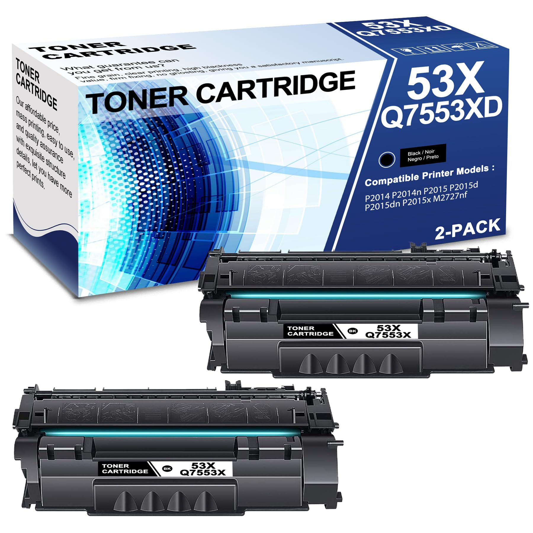 2 Pack 53X Q7553XD Black Toner Cartridge with Chip 53X Q7553XD Compatible Q7553X Replacement for HP P2014 P2014n P2015 P2015d P2015dn P2015x M2727nf