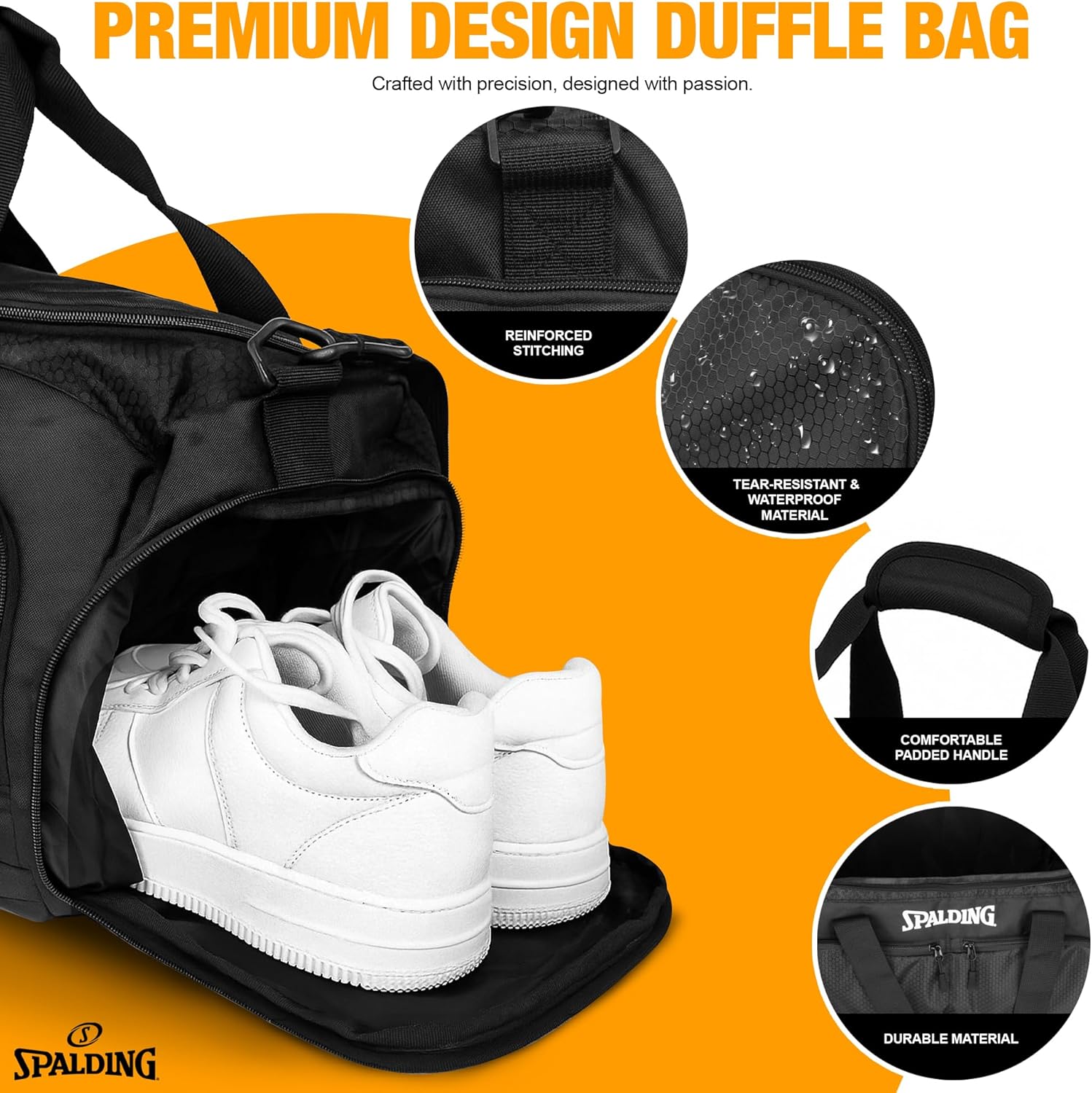 Spalding Duffle Bag Gym Bag for Men and Women | Large Black Duffel with Shoe and Wet Compartment | Use for Sport Gear and Accessories | Waterproof Bags for Sports Fitness Workout Travel - Image 3
