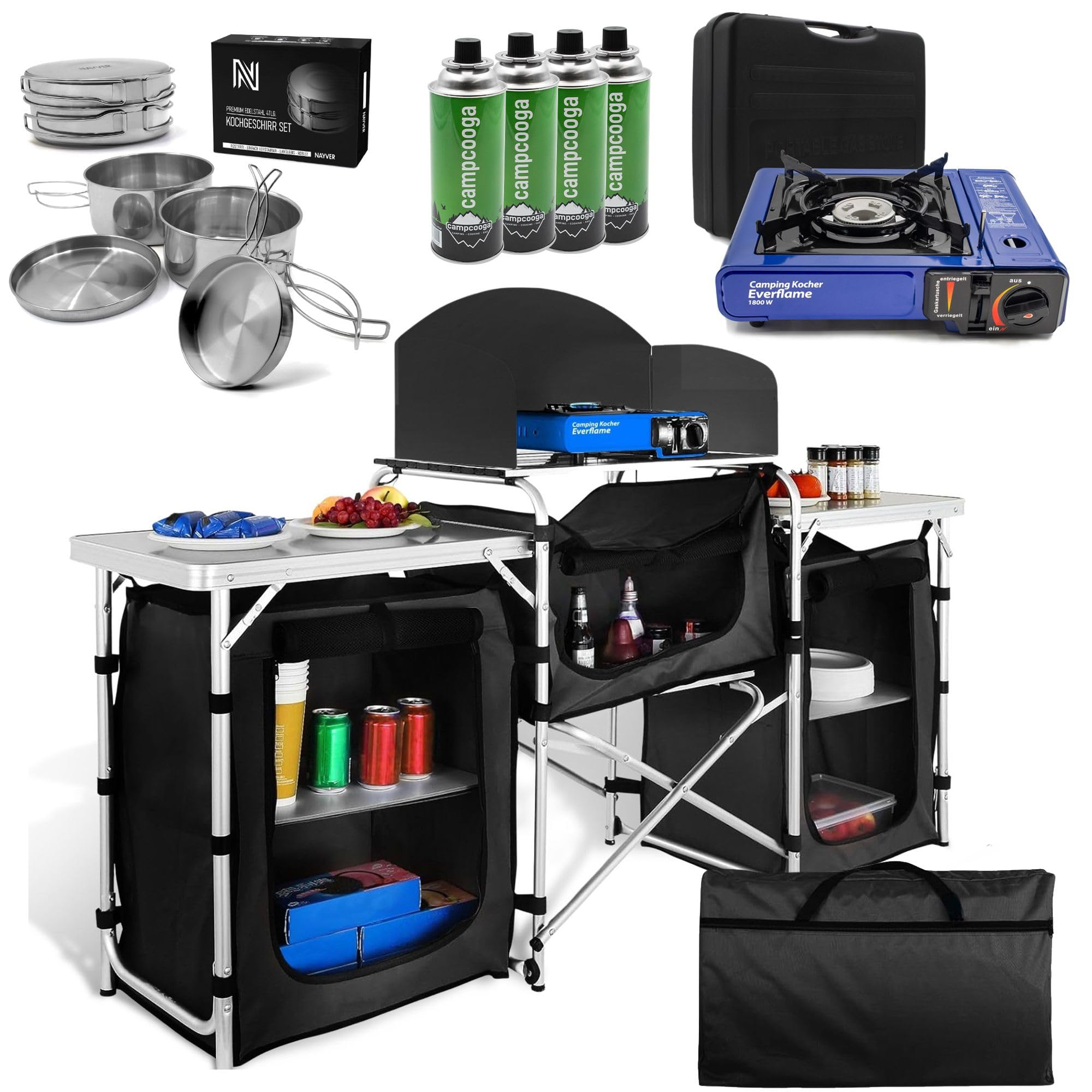 Campingküche Küche inklusive Gaskocher, 4 Gaskartuschen & Töpfen/Camping Outdoor Vorzelt Campingmöbel Campingschrank
