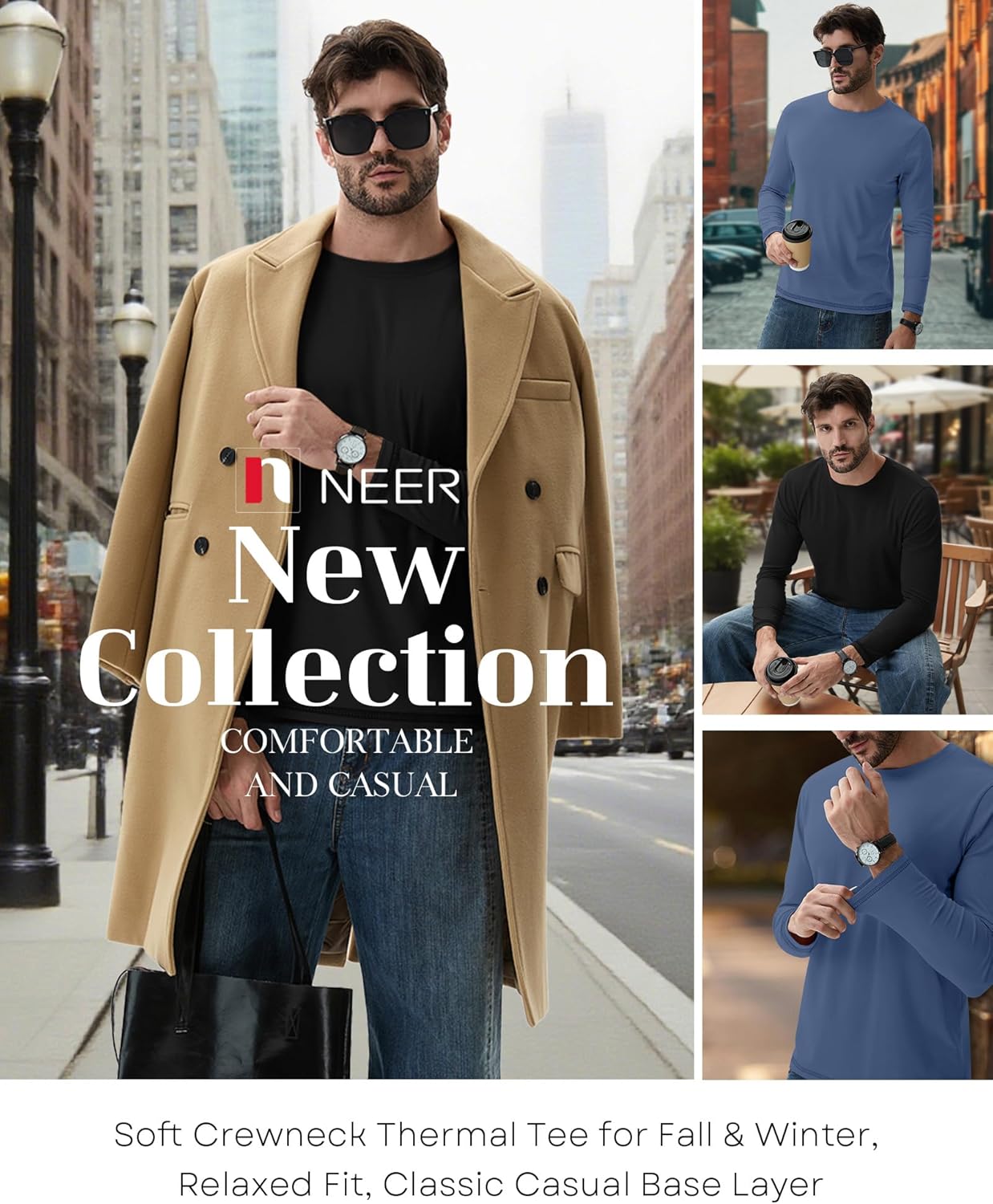 Neer 3 Pack Men's Big and Tall Cotton Shirts L-7xl, Long Sleeve Oversized Crewneck Tops Loose Casual Large T-Shirts Basic Tee(Haze Blue, Army Green, Black,Large) - Image 4