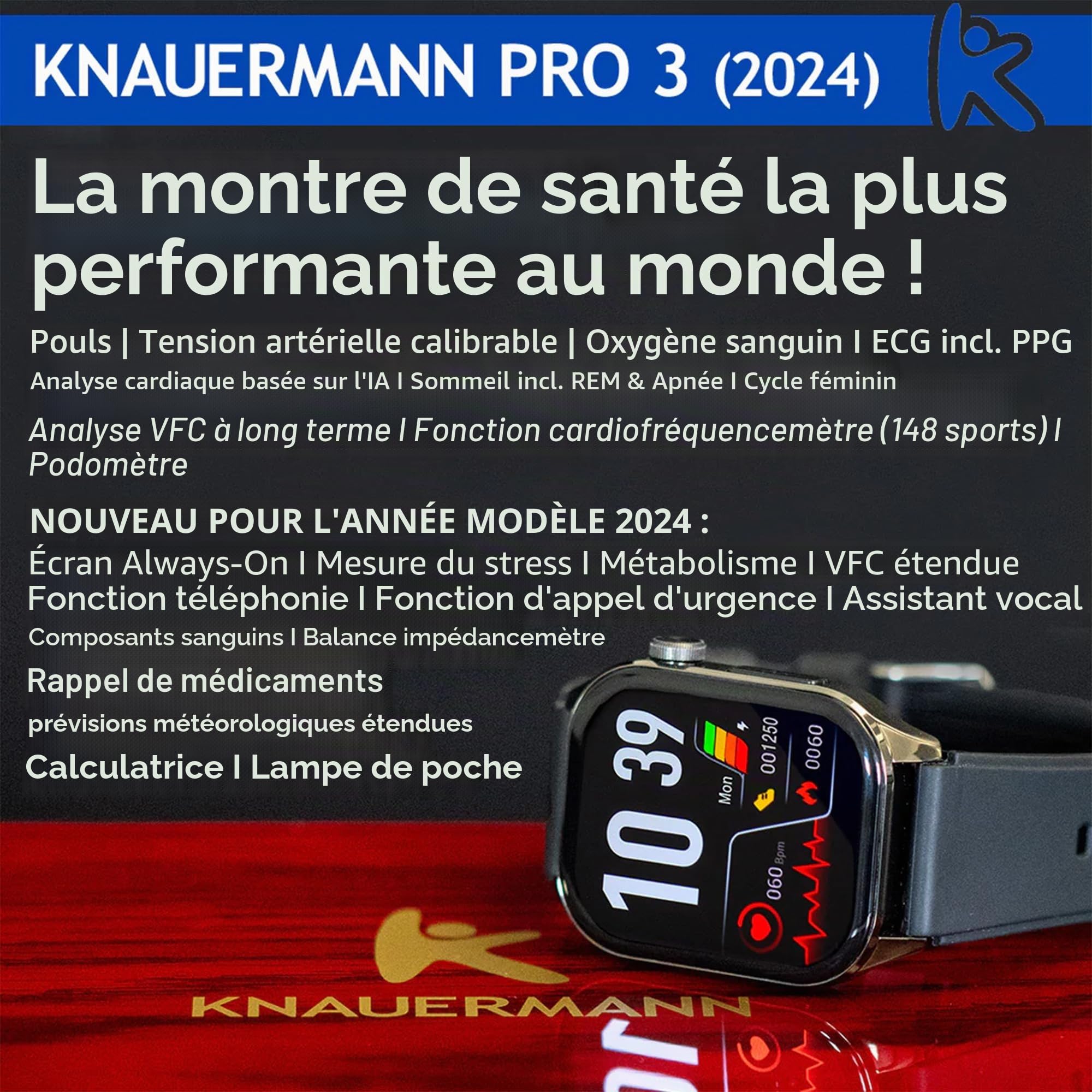 Knauermann Pro 3 (2024) Noir - Montre sanitaire Smartwatch avec Fonction téléphonique - Capteurs OSRAM - Fonction ECG + HRV - BT Bluetooth - Apnée du Sommeil - Pression artérielle - Bracelet en