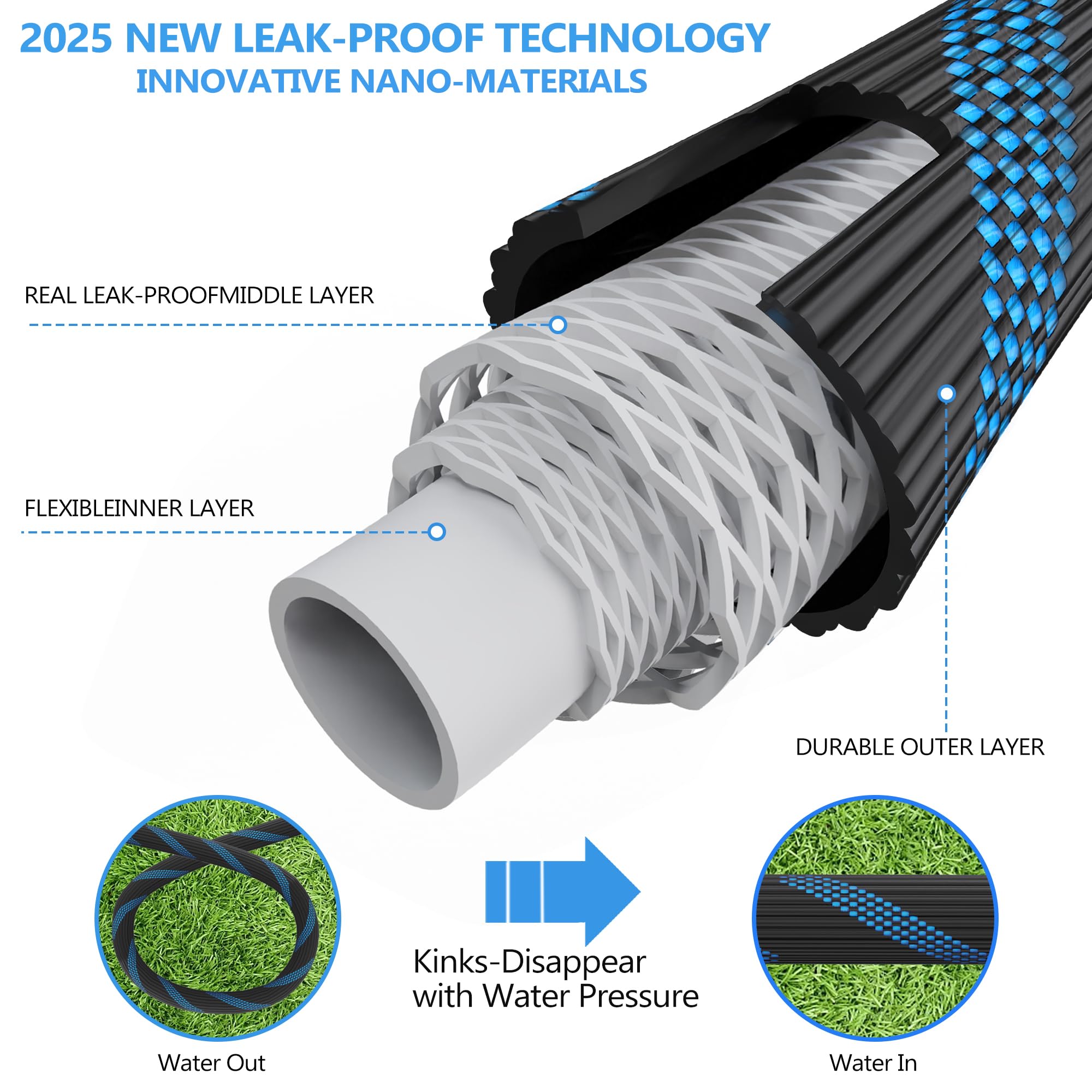 100ft Garden Hose - Water Hoses w/10 Function Spray Nozzle, 2025 New Superior Strength Flexible Hose, 3/4" Brass Connectors- Leakproof Lightweight Water Pipe for Gardening(Blue Black)