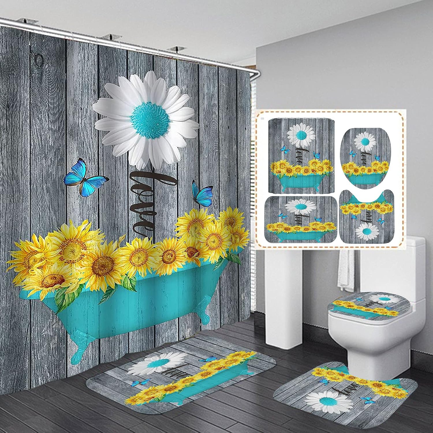 OLEBETY 4PCS Teal White Daisy Shower Curtain Set, Blue Butterfly Yellow Sunflower in Bathtub Vintage Grey Rustic Wooden Board Shabby Chic Country Farmhouse Bathroom Decor, Non-slip Bath Rugs Mat, Love