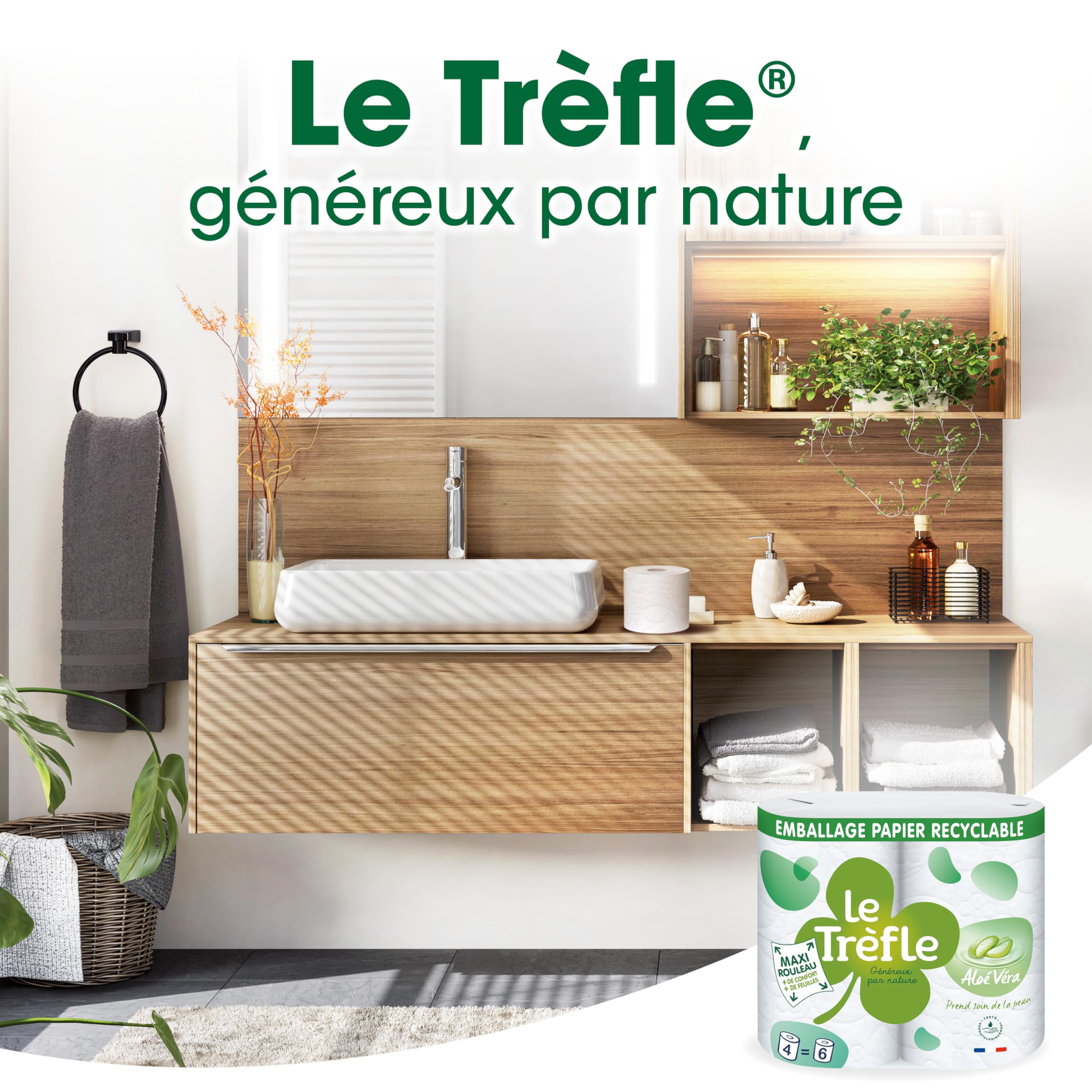 El Trébol® Aloe Véra - Papel higiénico - 24 rollos máximos = 36 rollos clásicos - Esponjoso triple grosor - Loción Aloe Vera - Embalaje de papel reciclable - Papel certificado FSC® Mixto