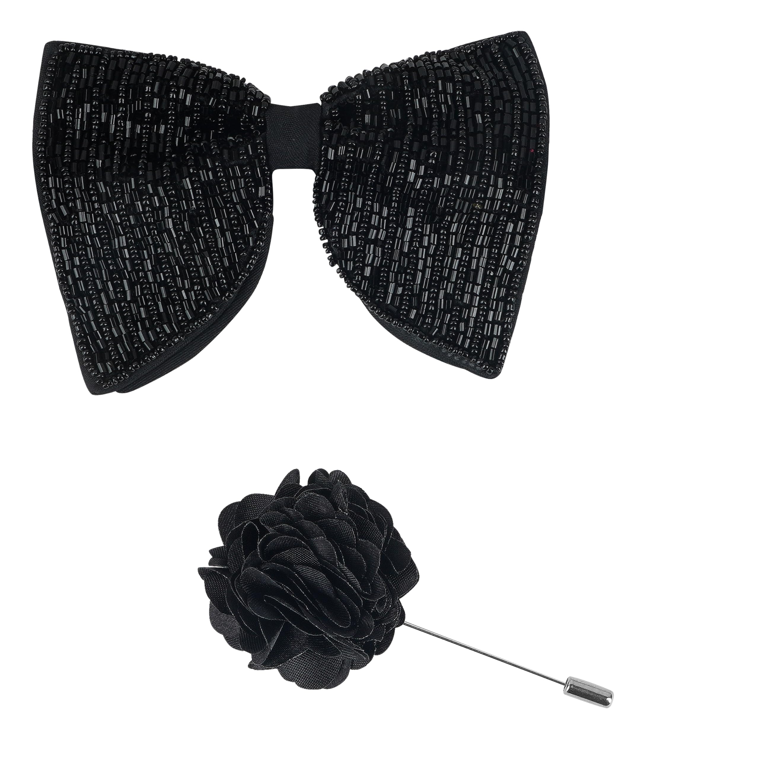 Elegant Double Layer Bow Pre-Tied Bow And Lapel Pin for Men, Classic Solid Color 100% Polyester Micro Fabric Bow Tie, Adjustable Length Clip (Black bow)