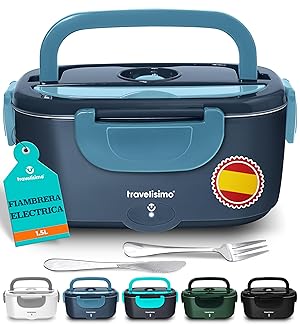 TRAVELISIMO Fiambrera Electrica 80W Taper Electrico para Comida 1,5L Fiambrera Termica 3 en 1 12V/24V/220V - Lonchera Termica Para Coche y Camión, Marmita Electrica en Acero Inoxidable