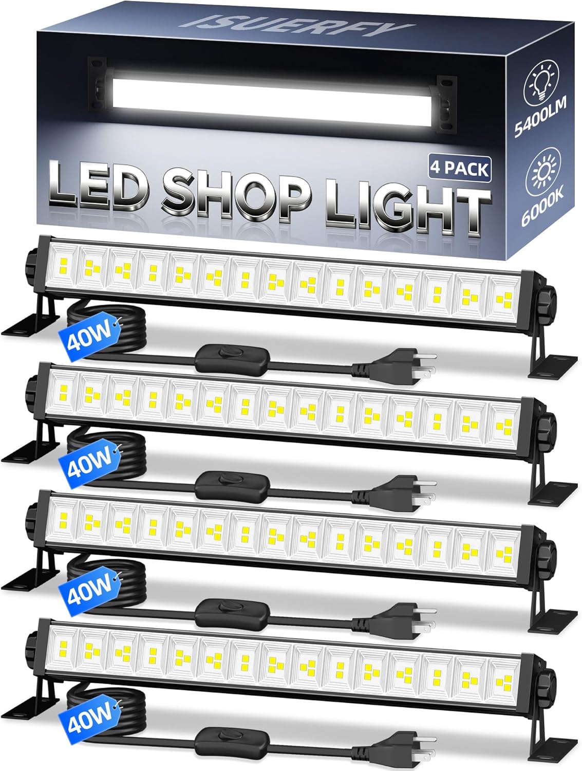 ISUERFY 40W LED Shop Light 5400LM Brighter, Plug in Garage Light with On/Off Switch & 6.6FT Cord, 6000K Daylight White Workshop Bay Lighting for Garage Workbench Warehouse Factory Basement, 4 Pack