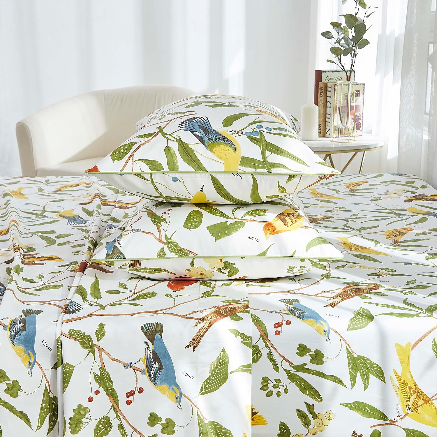Brandream Eastern Floral Birds Chinoiserie Blossom Print Bed Sheet Set Luxury Bedding Collections 800TC 100% Egyptian Cotton Deep Pocket White Green Botanical Tree Branches Ornamental, 4Pc-Queen Size