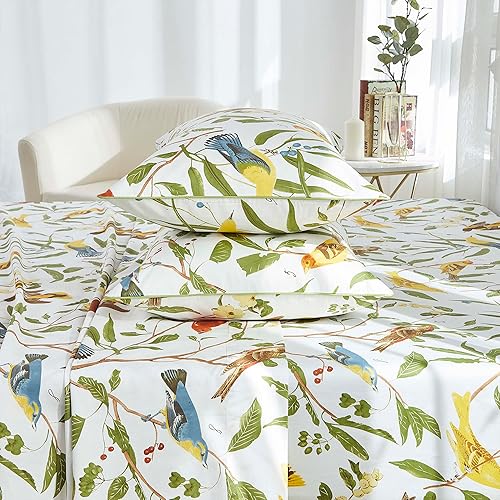 Miniatura 4 de Brandream Juego de sábanas de 7 piezas con diseño floral de ramas y pájaros, 100% algodón egipcio, lujosa cama en una bolsa para todas las