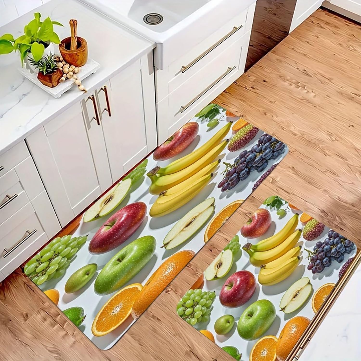 Fruits Kitchen Mat Set of 2 Ergonomic Comfort Velvet Rugs Cushioned Anti-Fatigue Non-Slip Standing Mats Thick Kitchen Floor Mat Carpet Runner Rugs 16"×24"+17"×47"
