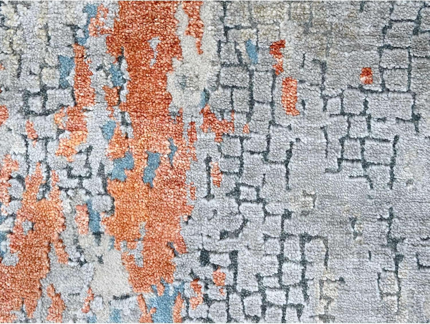 Orange with Gray Hand Knotted Fire Mosaic Design Wool and Silk Runner Rug (2'6"x9'9")