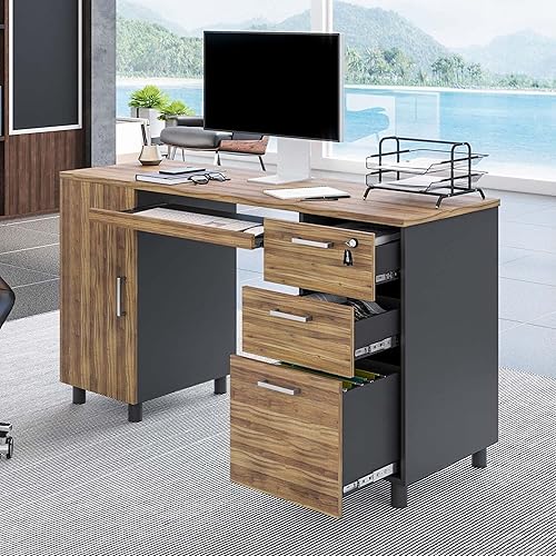 Miniatura 4 de Modern Design By Crafts & comfort Venice - Escritorio para computadora - Escritorio de oficina con 3 cajones y gabinete de almacenamiento de CPU,