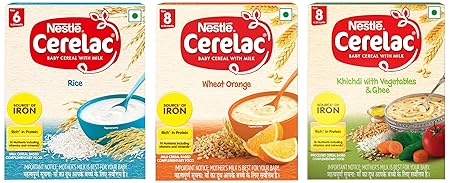 CERELAC Nestle Baby Cereal - Milk, Wheat Orange (8-24 Months) 300G & CERELAC Baby Cereal - Milk, Rice(6-24 Months) 300g & CERELAC Baby Cereal - Milk, Khichdi with Vegetables & Ghee(8-24 Months) 300g
