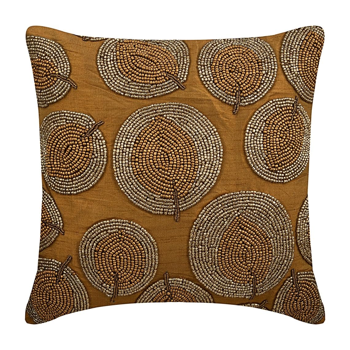 The HomeCentric Gold Cushions Cover Silk Cushion Covers, Sparkly Beads Embroidery, Square Glitter Floral Cushions Cover Gold Cushion Covers Pack of 2, 55x55 cm (22x22 inch) - Gold Round Leaves