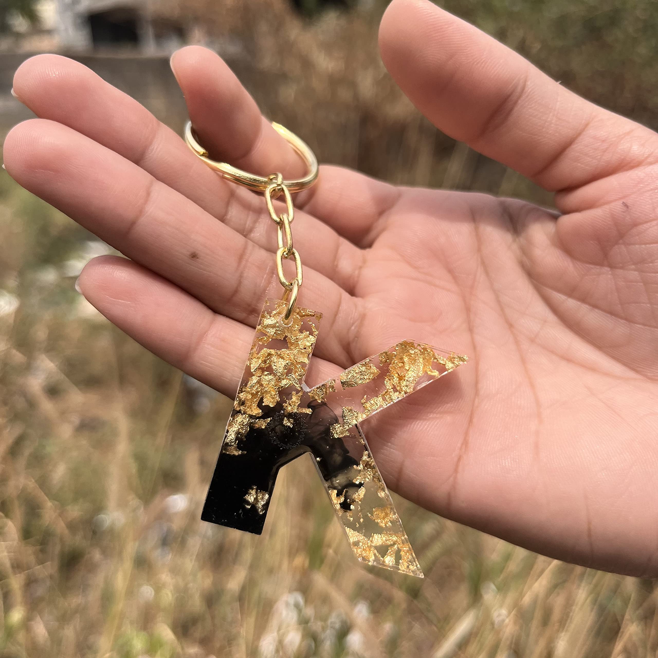 Black and Gold Foil Design Resin Alphabet Initial Letter Keychain Key Ring for Men Women Girls Purse Handbags | Black | H2-L0UR-B8L7_New-image-7