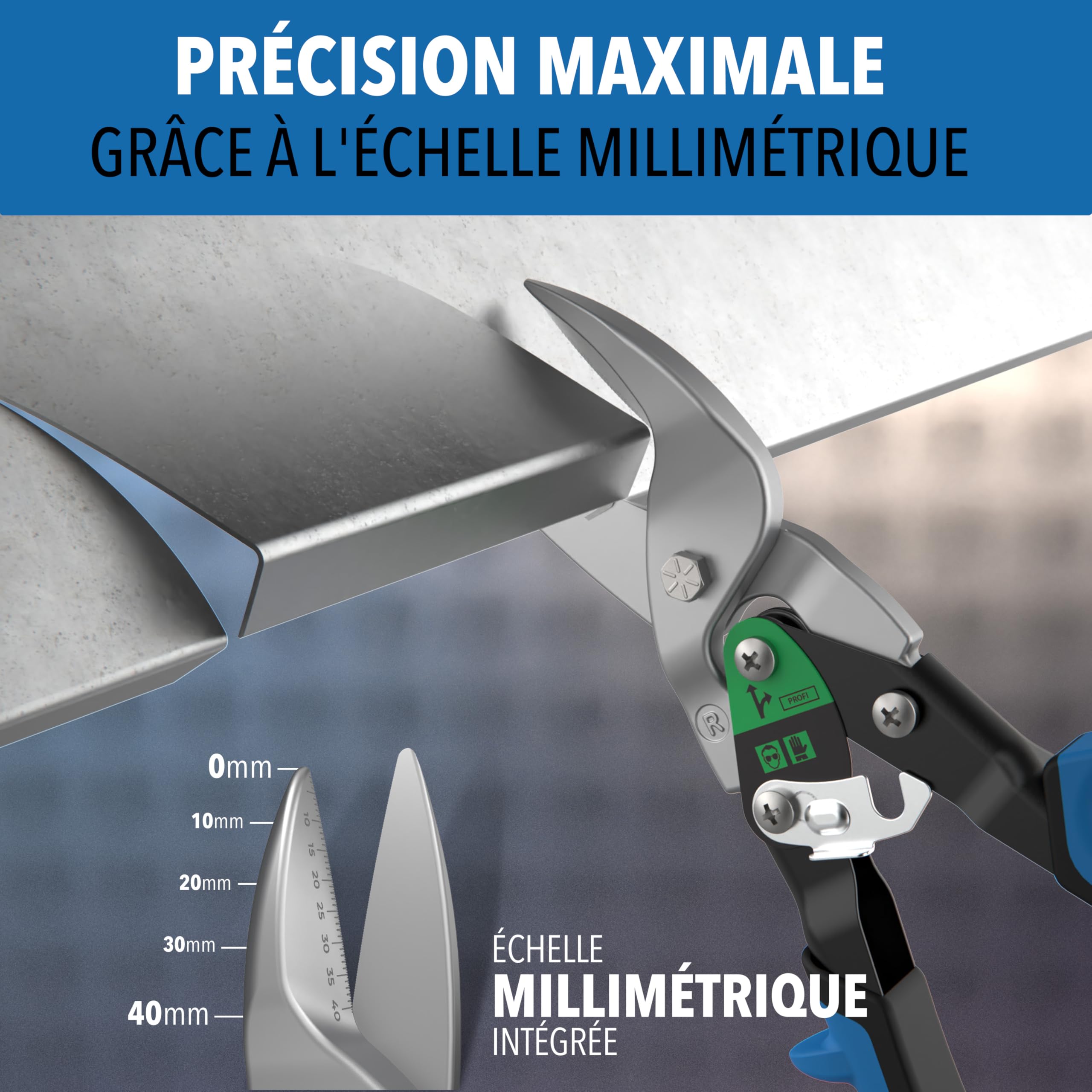 Set de cisailles à tôle avec coupe droite et droite - [échelle millimétrique intégrée] - Cisaille métallique pour cloisons sèches, tôle ondulée, métal, cisaille pour grillages métalliques, cisaille