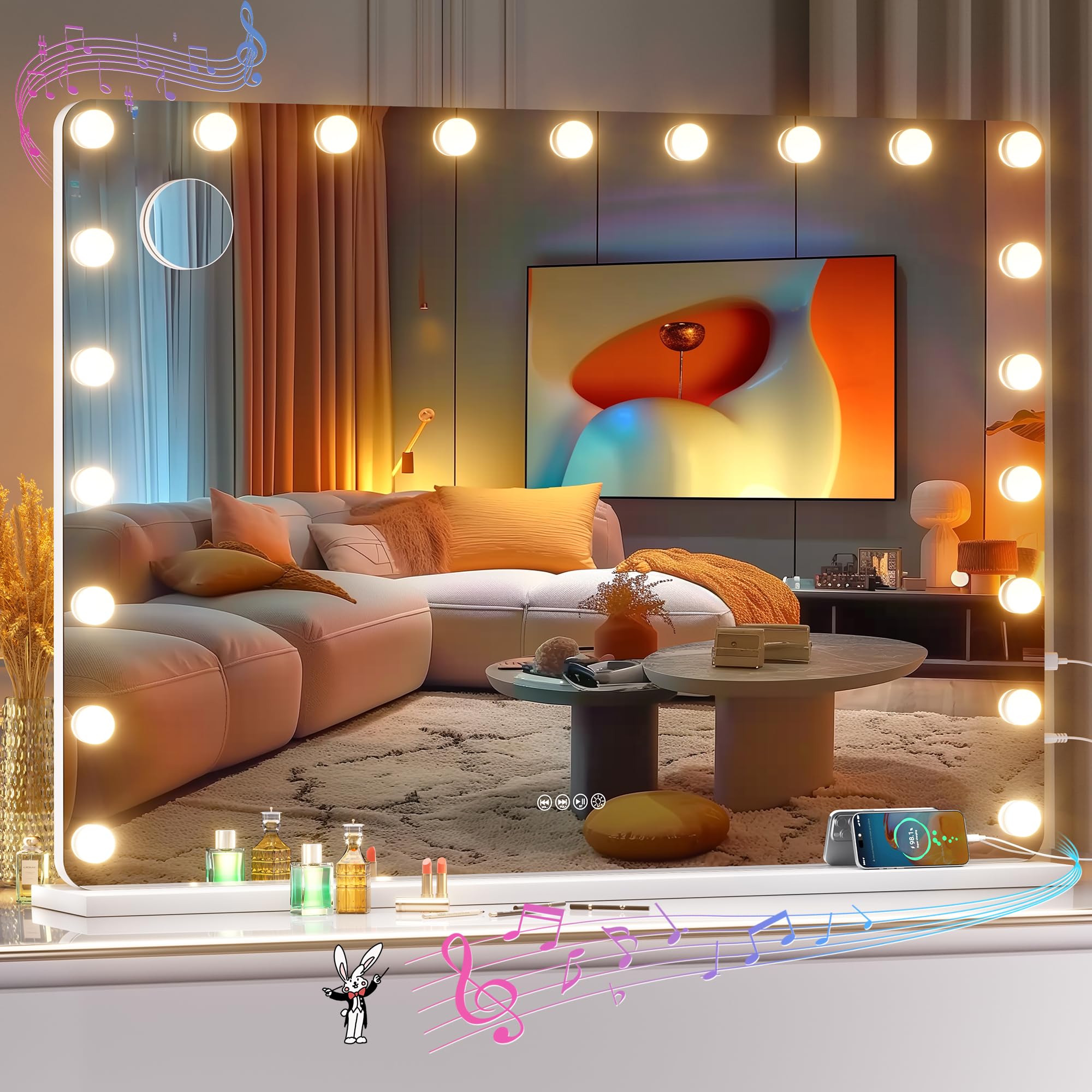 42''X30'' Vanity Mirror With Bluetooth Speaker, Hollywood Lighted Makeup Mirror with 21 Dimmable LED Bulbs, 3 Color Lighting Modes & Stepless Dimming, 5X Magnification, Tempered Glass, USB & Type-C