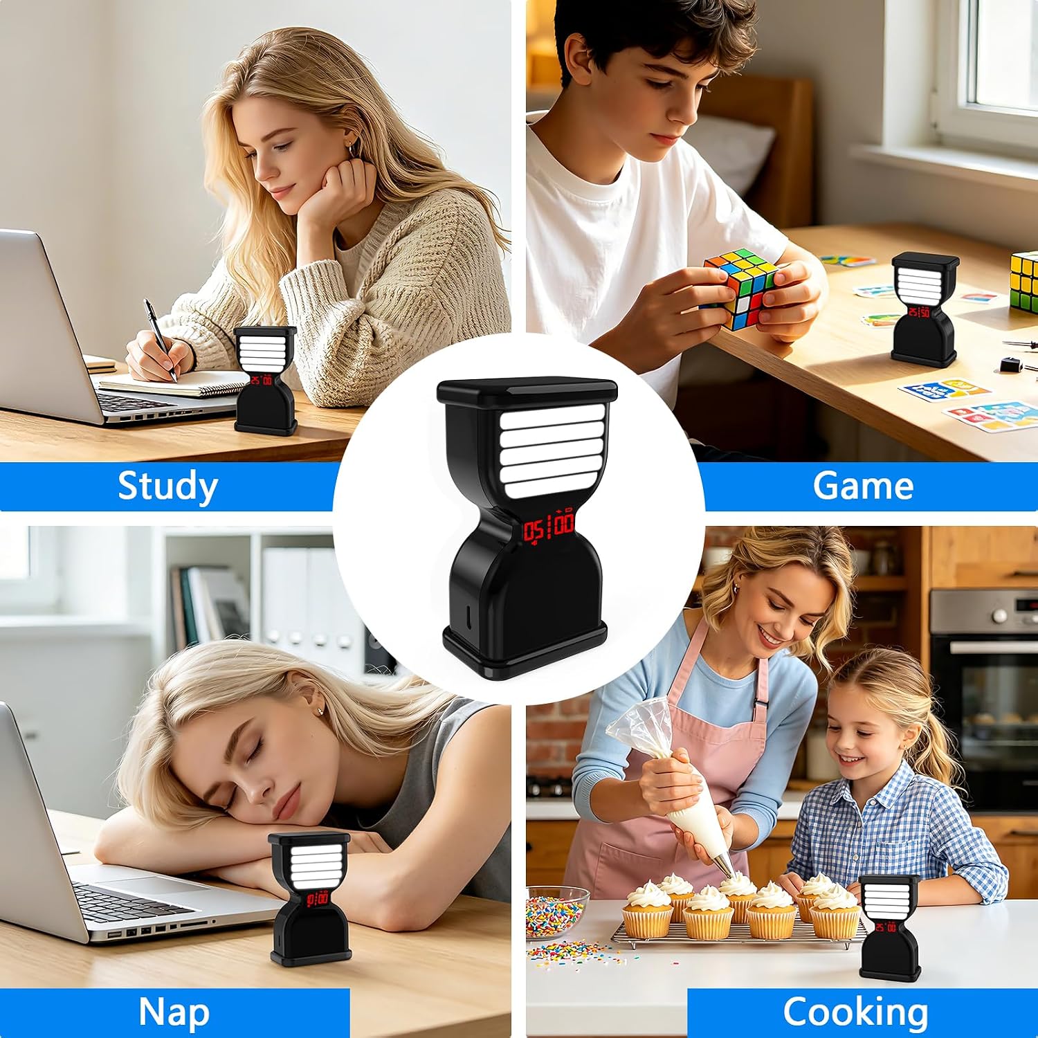Digital Hourglass Timer, Sand Timer Rechargeable Visual Pomodoro Timers with On/Off Alarm Volume & LED Display, Desk Flip Timer for Study,Work, Kitchen (Black)