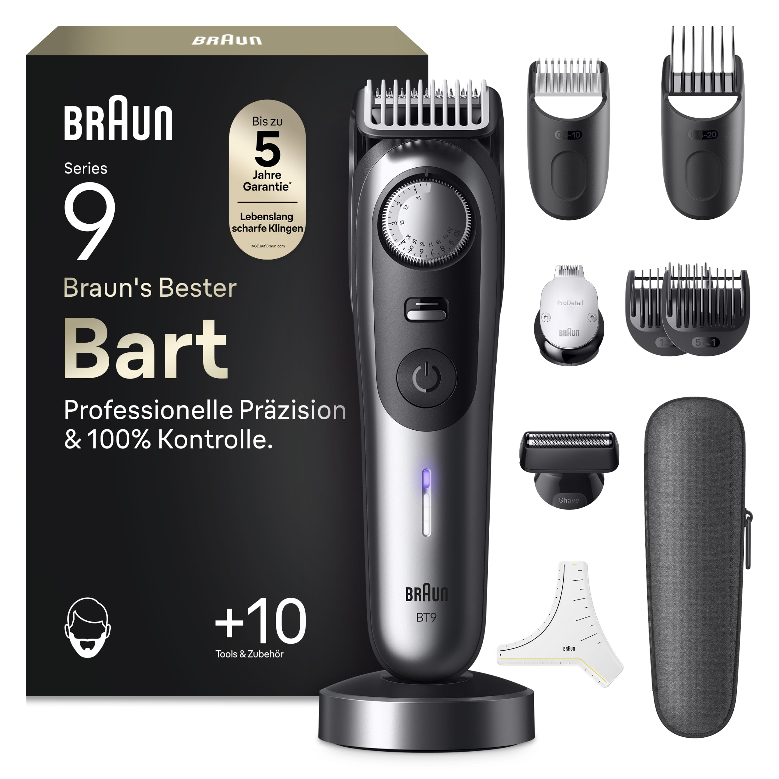 Braun Barttrimmer Series 9, Kabelloser Bartschneider Herren, BT9545, Chrom - Bart Rasierer mit 52 Längen, Trimmer mit 180 Min. Akku, Wasserdicht, Inkl. 10 Barber-Tools, Lebenslang Ultrascharfe Klinge
