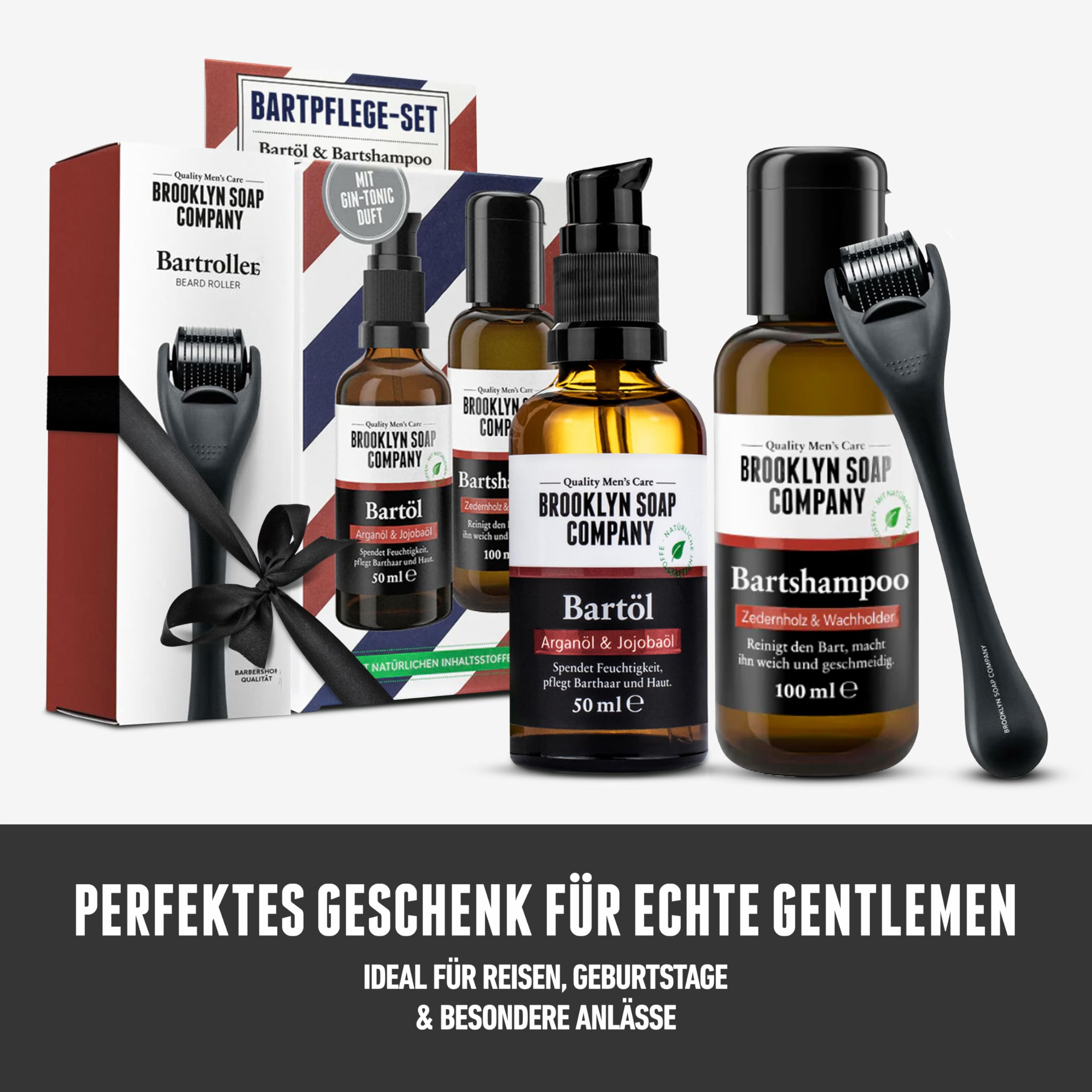 Brooklyn Soap Company Bartpflege Set für Männer - Mit Bartroller, Bartöl & Bartshampoo - Geschenk für Herren - Tägliche Pflege für Bart & Haut
