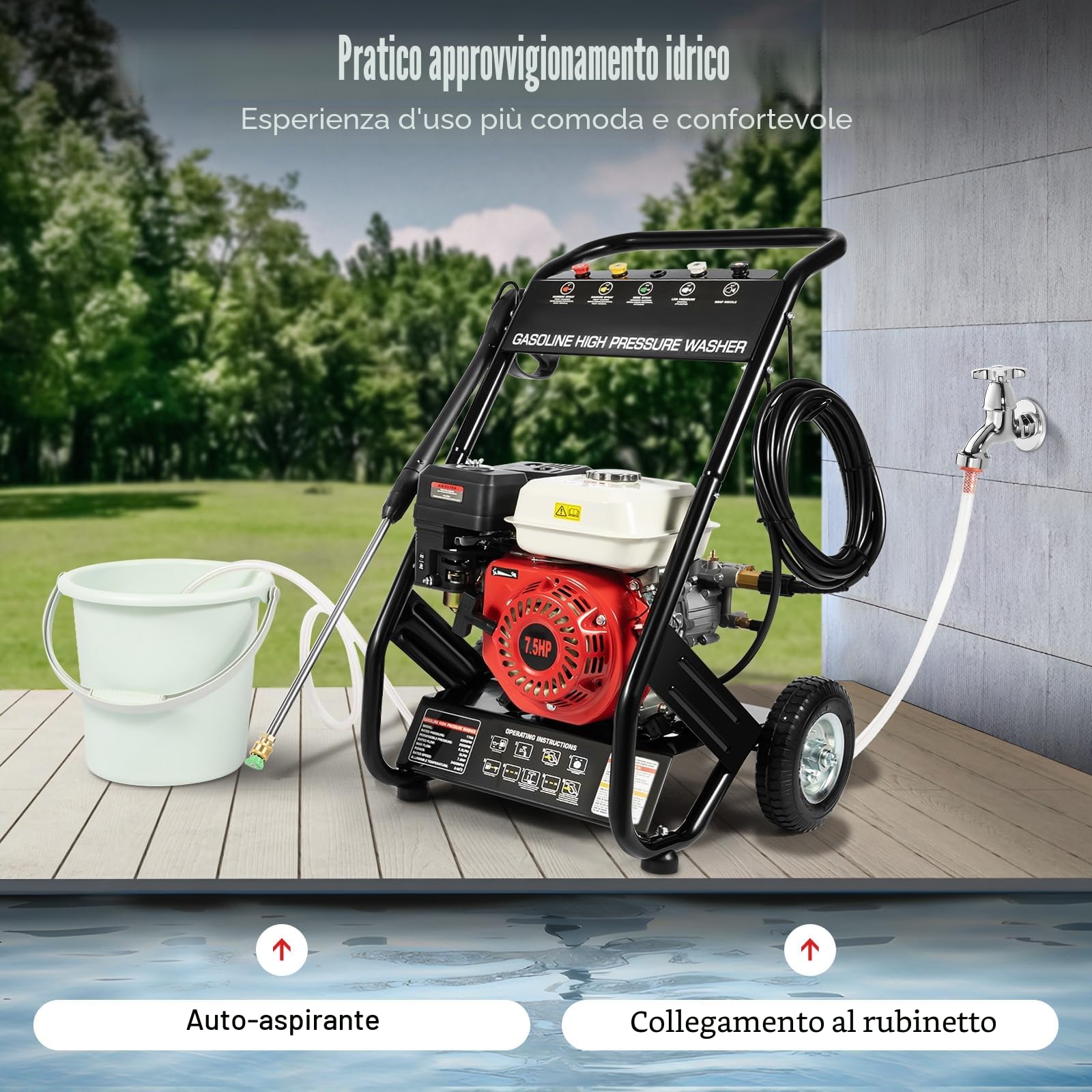 Idropulitrice Ad Alta Pressione, Macchina Di Pulizia Con Pistola Spruzzatrice, 7,5 CV, Benzina Ad Alta Pressione, 4 Tempi, 3400 Giri/min, 2200 Psi, Nero/Rosso