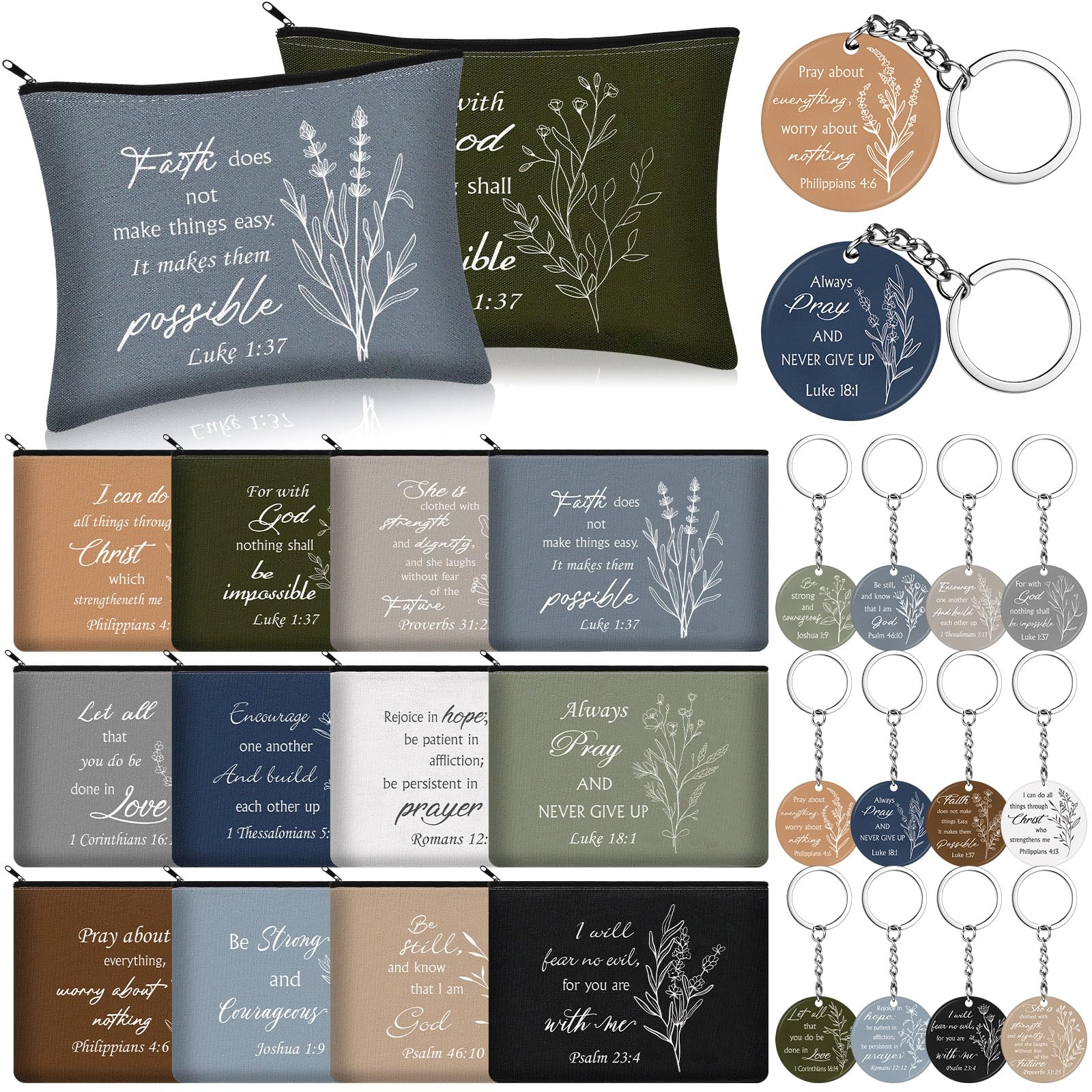 Funrous 12 juegos de regalos religiosos a granel para mujeres, bolsas de cosméticos motivacionales de la Biblia, bolsas de maquillaje inspiradoras estéticas con citas cristianas, llaveros para iglesia