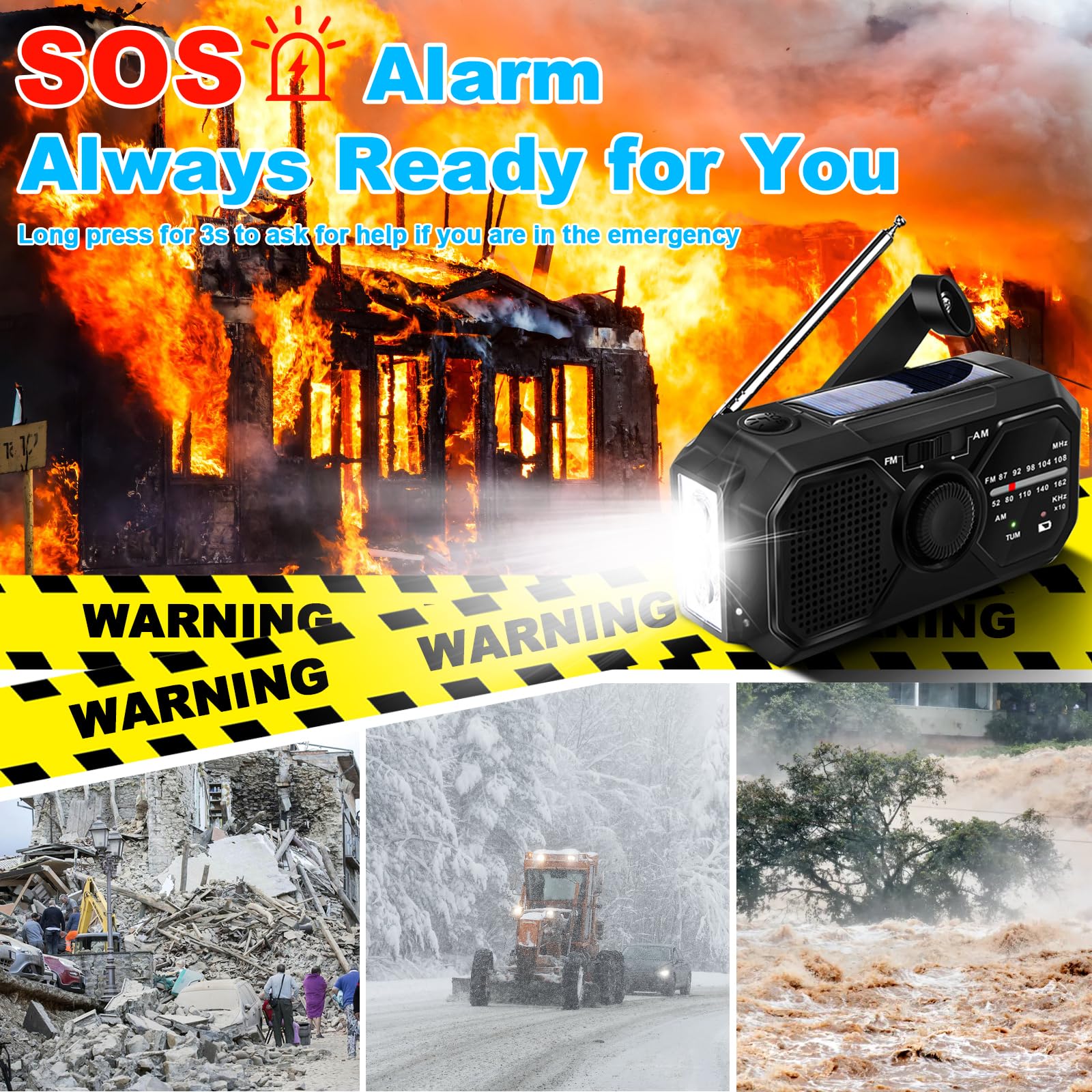 Radio a Manovella Radio Energia Solare di Emergenza Radio Solare FM/AM Radiolina a Manovella Dinamo con Batteria Ricaricabile da 2500 mAh/Allarme SOS e Torci Radio Solare Piccola per Casa e All'aperto