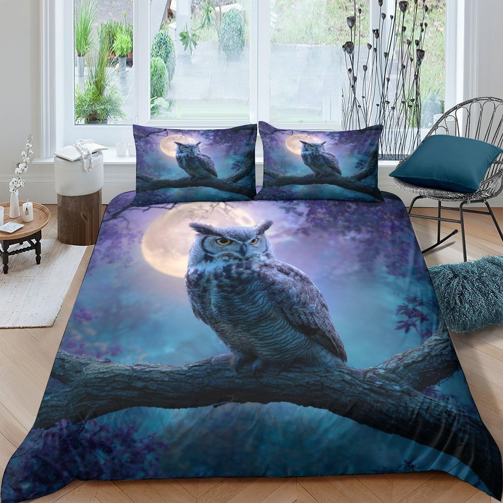 Ctjqhvkz Style-1 3D Printed Moonlit Owl Fitted Sheet Microfiber Soft Breathable Forest Bed Cover For Bedroom Dorm Decor Mattress Protection Single（135X200cm）