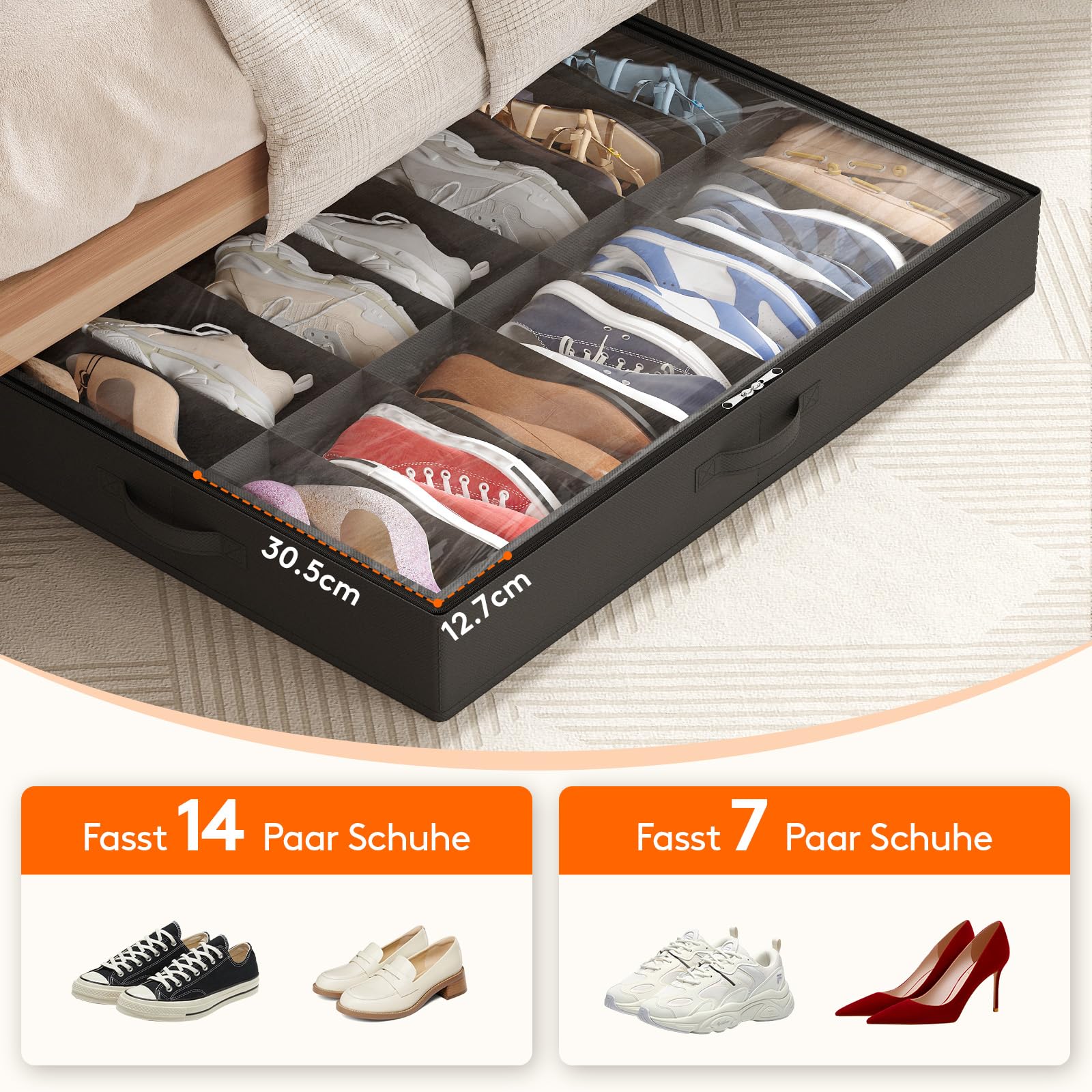 Lifewit Unterbett-Schuh-Organizer, 2 Stück (14 Paar), 10,9 cm hoch, Stoff-Schuhbehälter, faltbare Schrank-Schuhtasche mit 2 verstärkten Griffen und transparenter Abdeckung, Schwarz